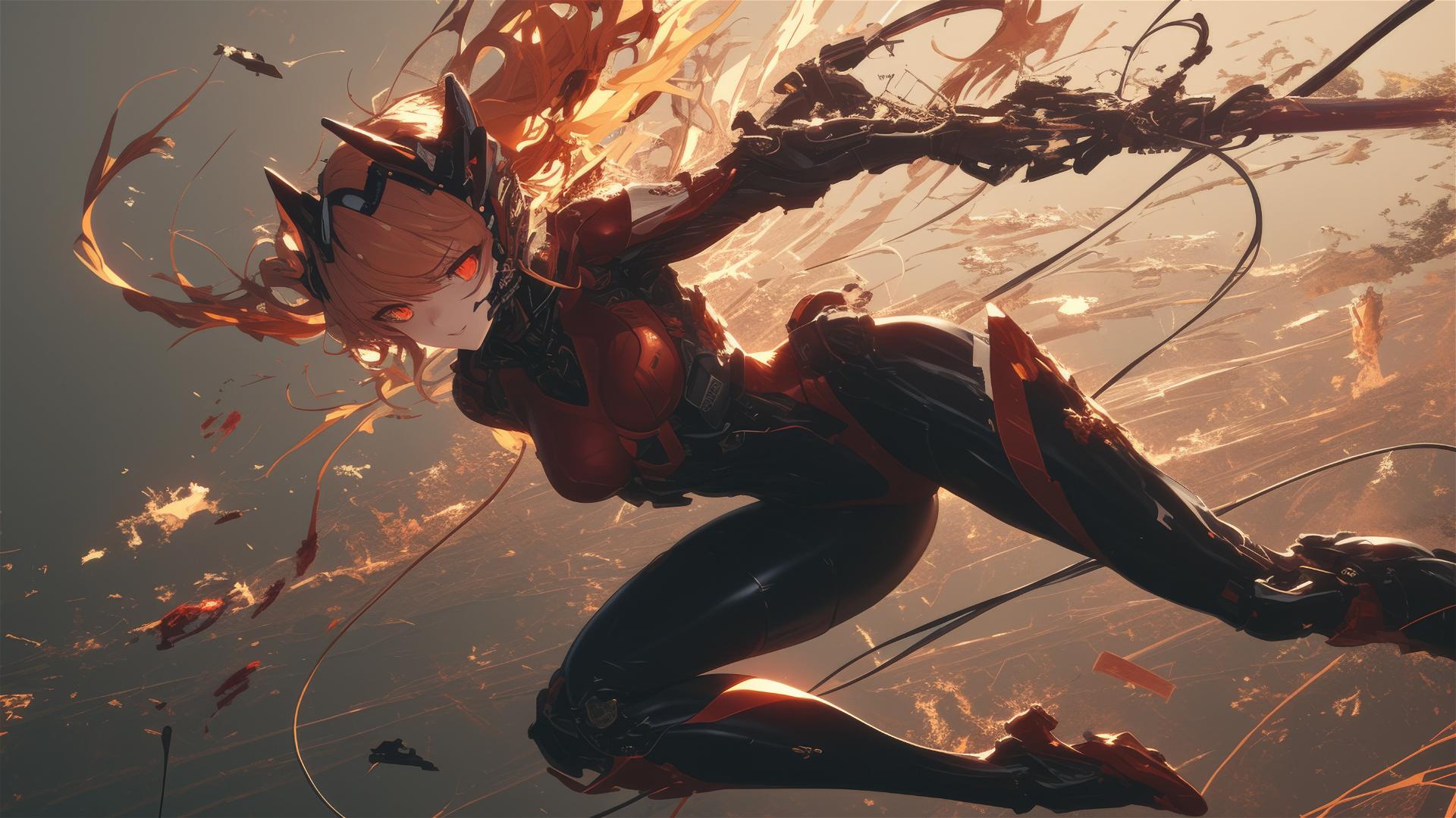 Space Marine Girl with thigh focus on dark background in dynamic pose