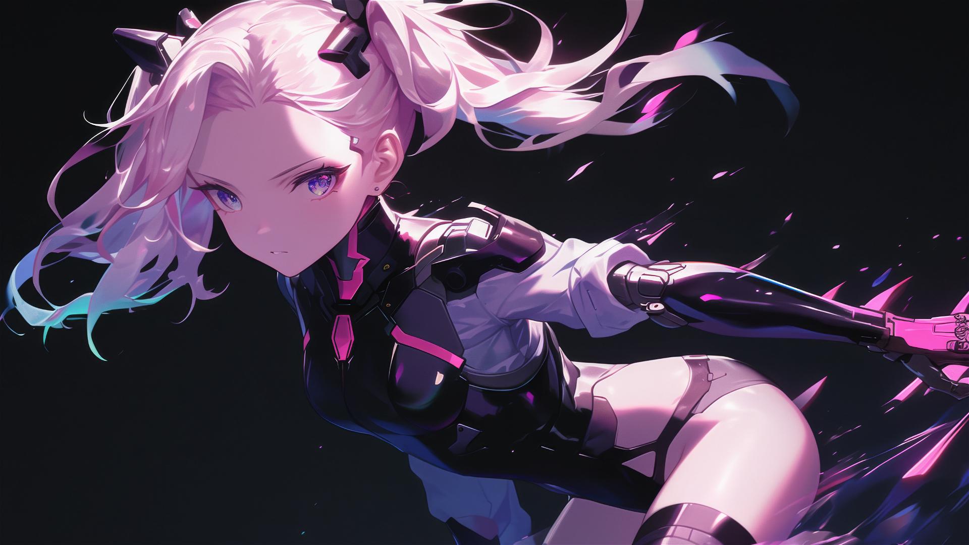 Cybernetic Agent Girl in dynamic pose with thigh focus on dark background