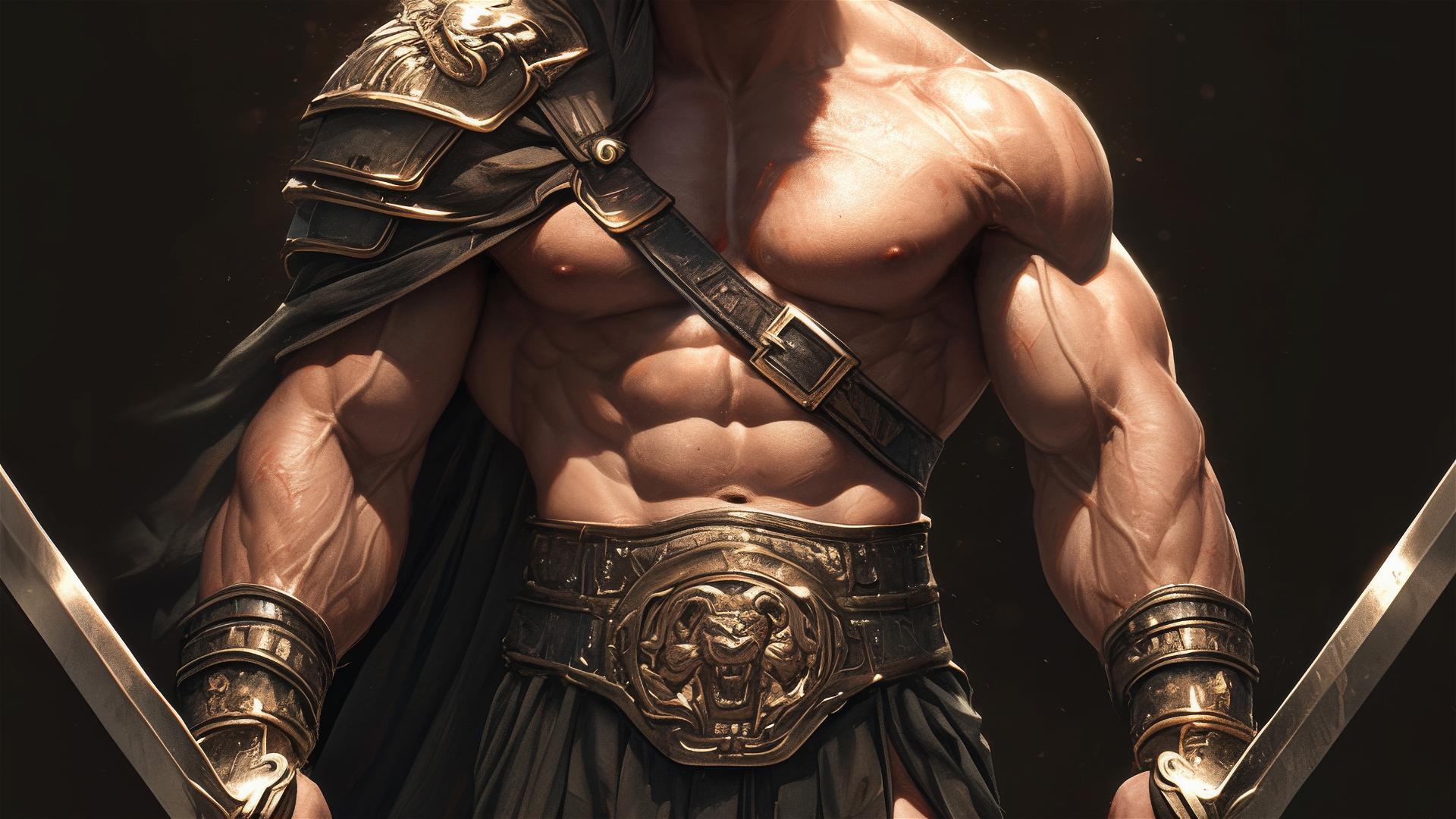 Gladiator warrior in spotlight on dark background