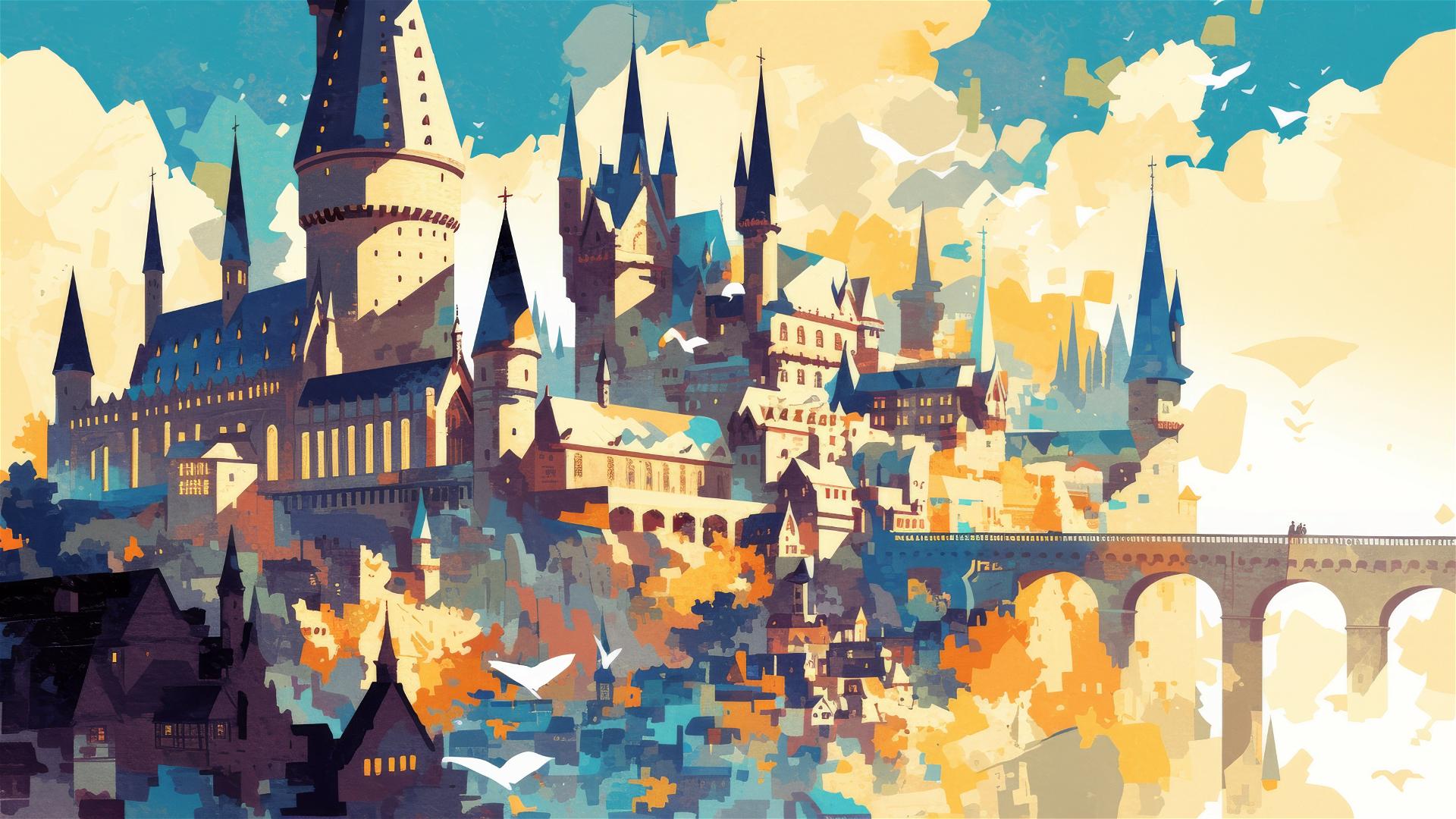 Ghibli-inspired illustration of Hogwarts School from Harry Potter