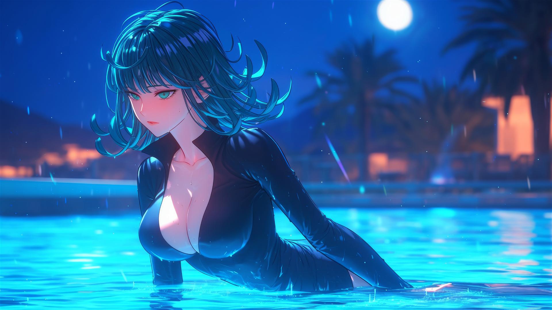 Tatsumaki from One-Punch Man resting by pool under moonlight