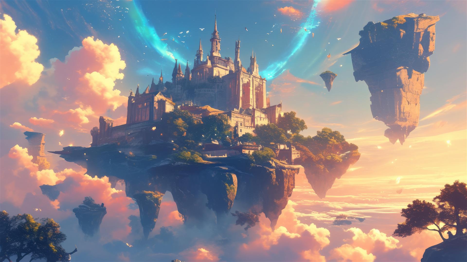 Mystical castle on a cloud with halo of light and floating islands