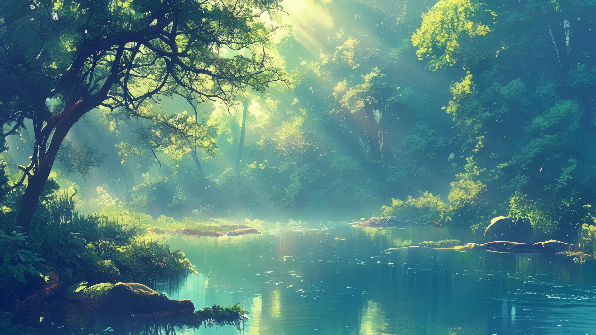 Serpentine river in foggy forest with tree reflections
