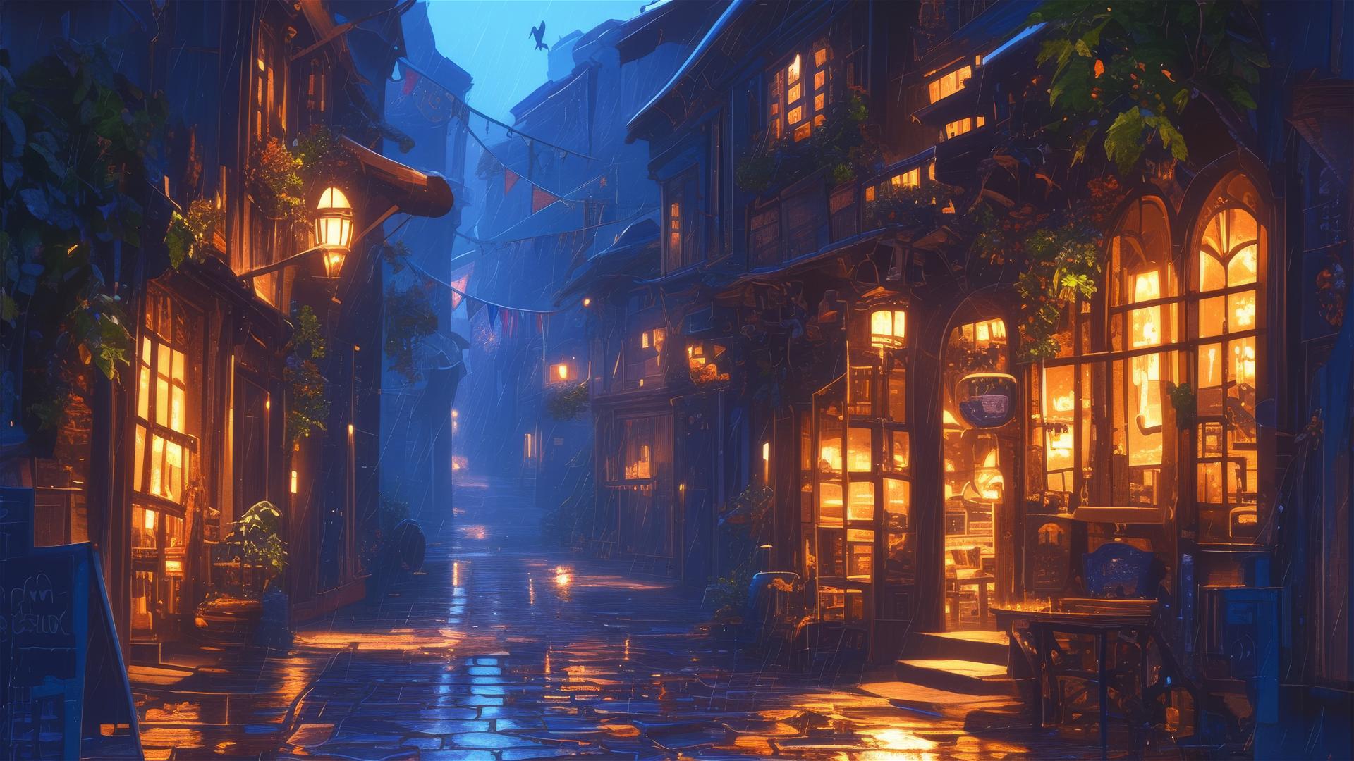 Rain-soaked cobblestone alley with warm streetlight reflections in old European town