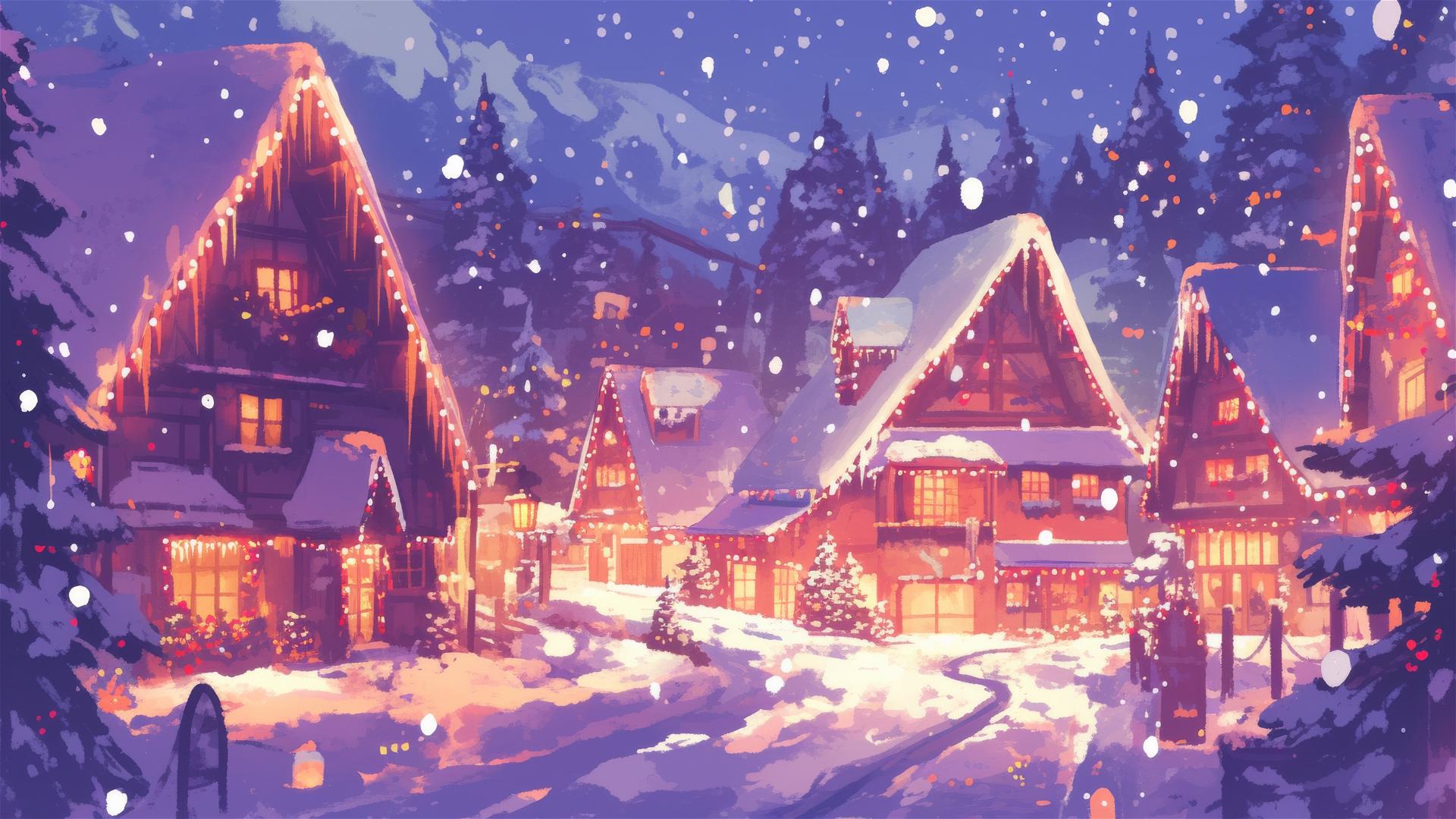 Cozy snow-covered village at night with twinkling lights and gentle falling snow.