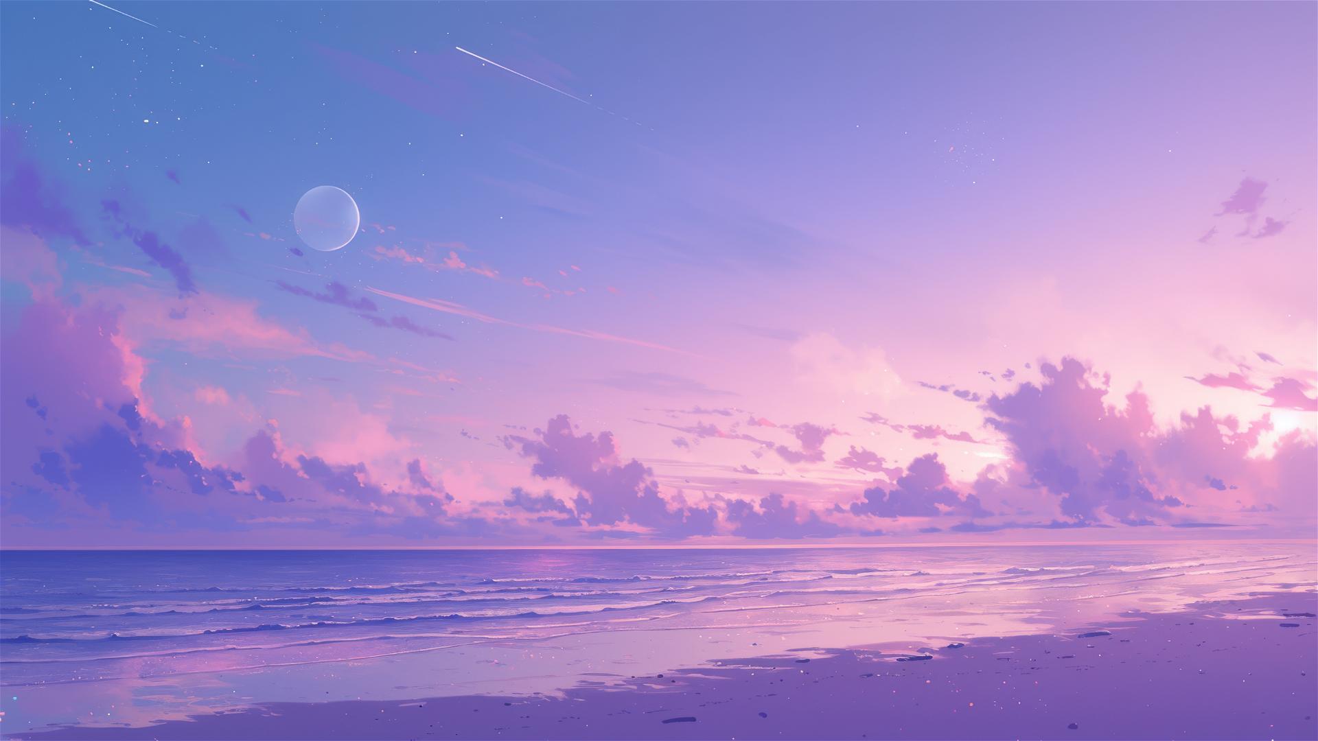 Dreamy beach at night with a soft pink and purple sky reflecting moonlight on a calm sea