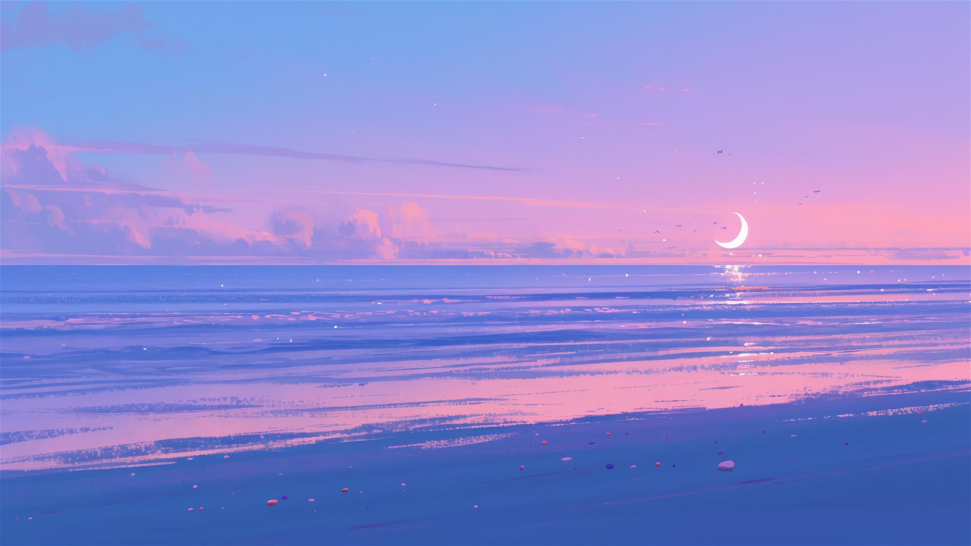 Dreamy beach at night with soft pink and purple sky and calm sea reflecting moonlight
