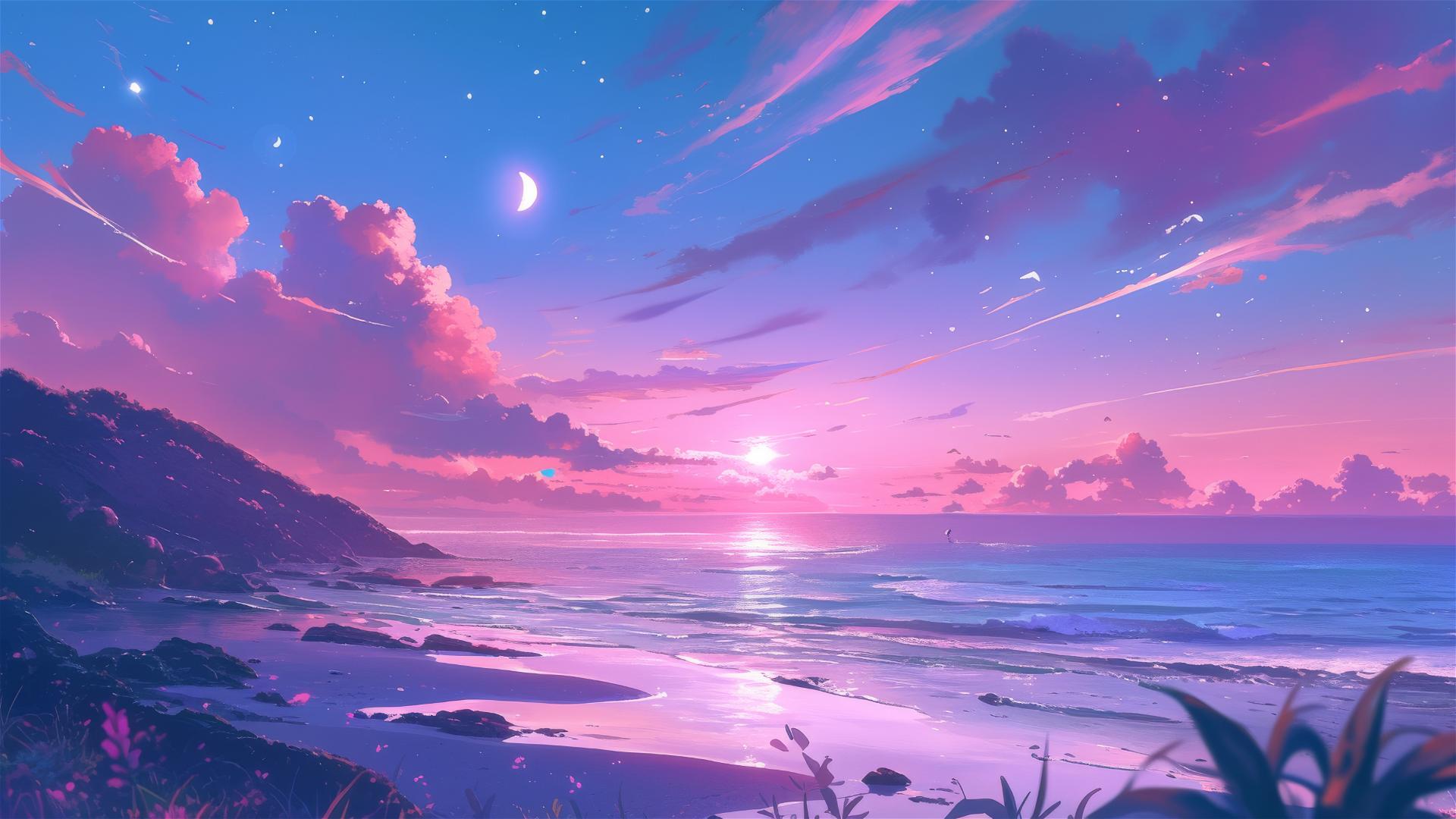 Dreamy beach at night with soft pink and purple sky, calm sea reflecting moonlight