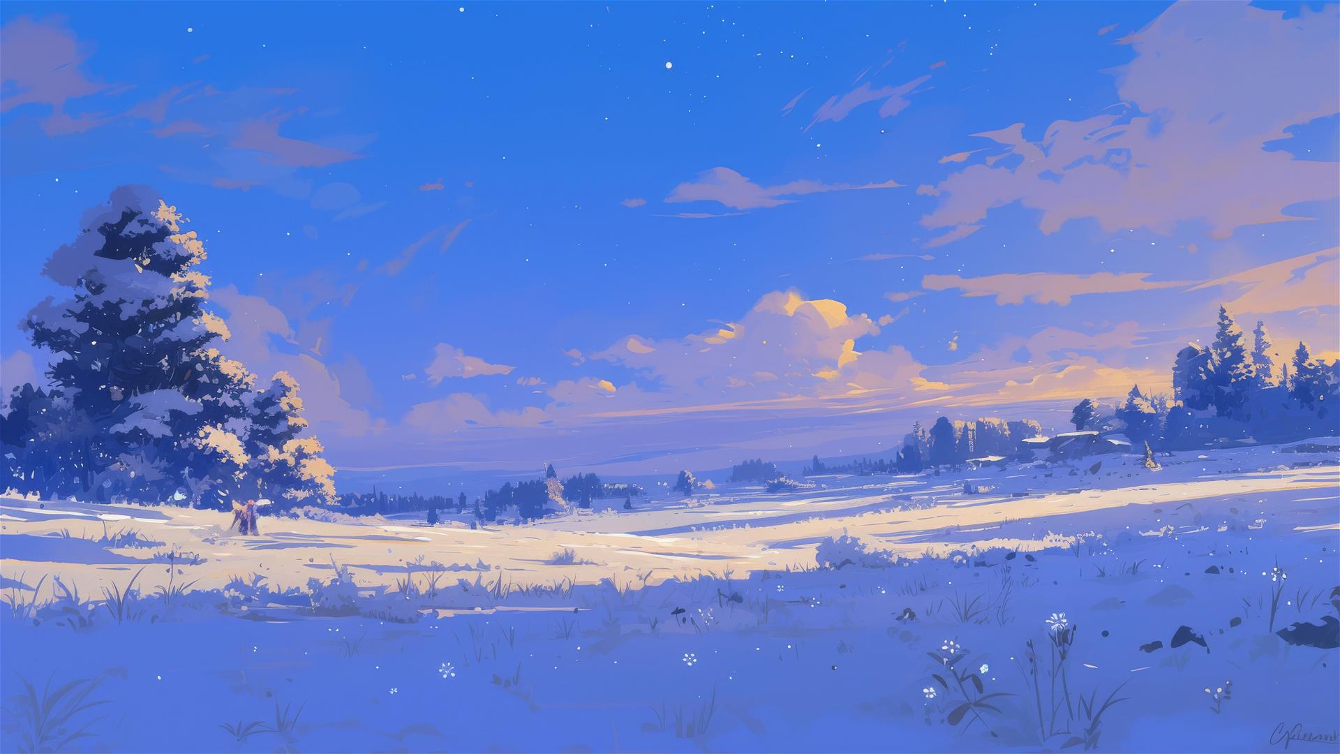 Glowing snowflakes create a starry carpet on a quiet snowy field