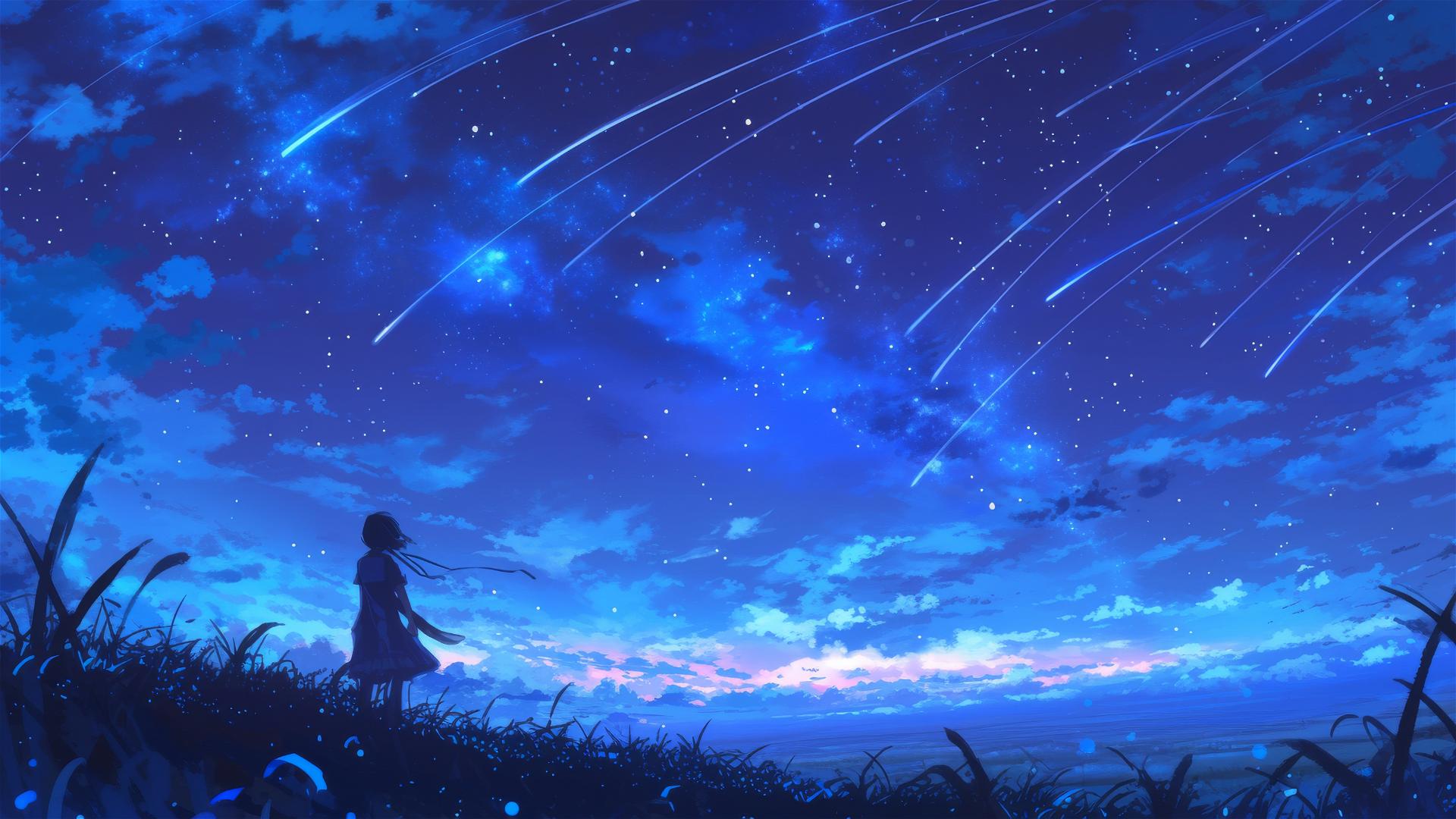 Shooting stars over silent hilltops with glowing grass trails