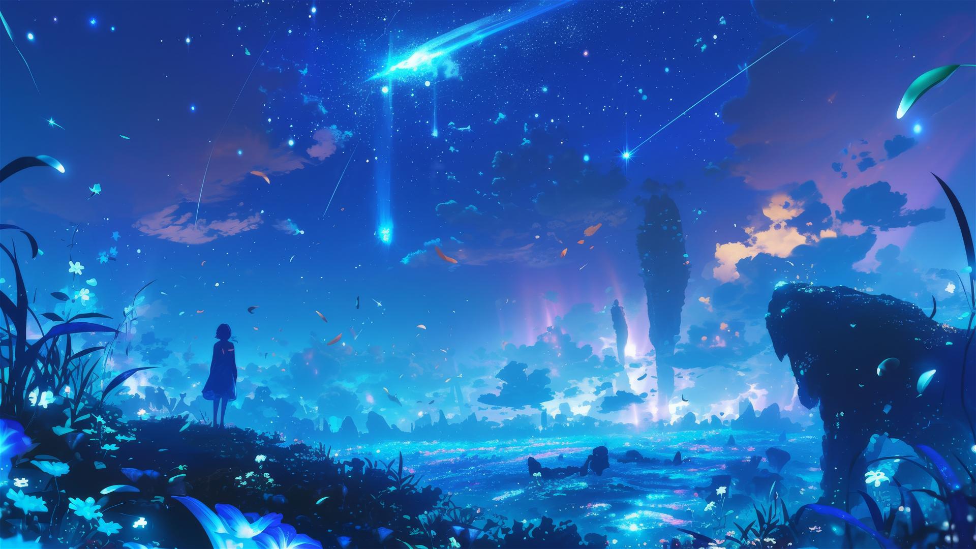 Comet garden with sprouting glowing flora from shooting stars, cosmic blooms.