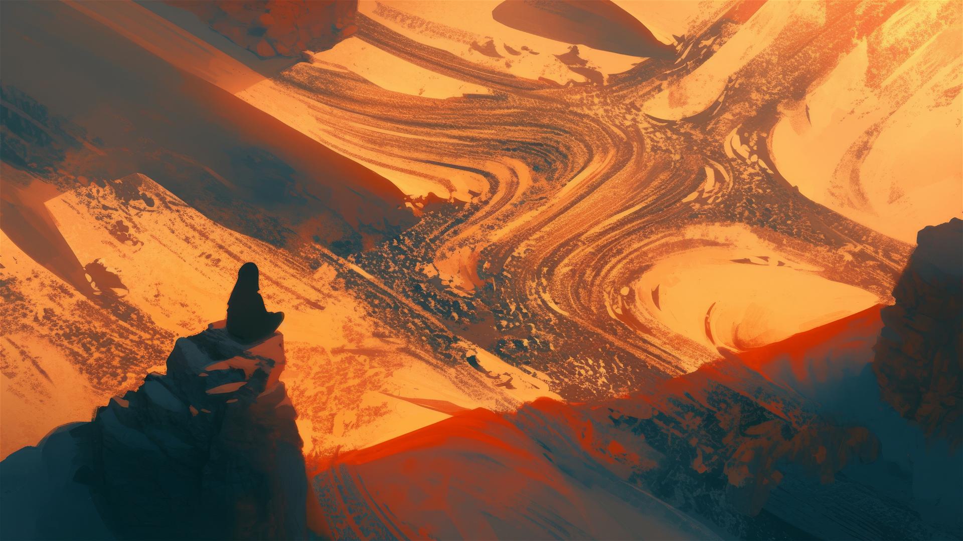 Echoing dune valley with patterns resembling the sound of raindrops, acoustic and textured