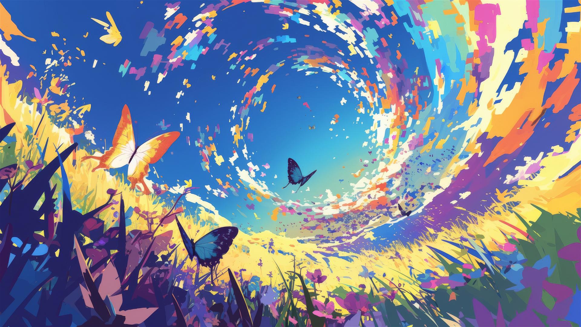 Butterfly vortex with colorful wings in a wildflower meadow