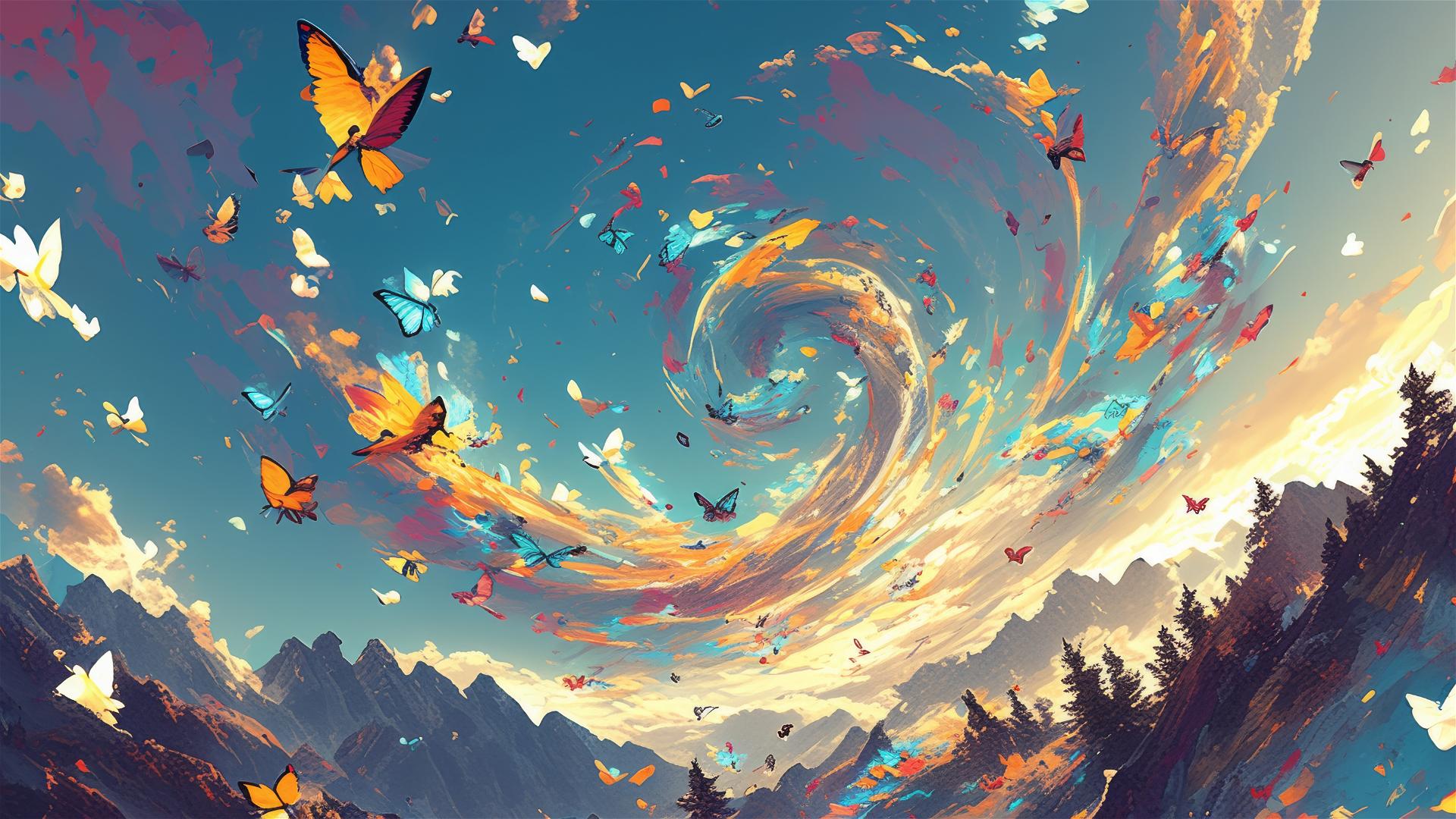 Colorful butterflies in a mountain pass forming a swirling vortex
