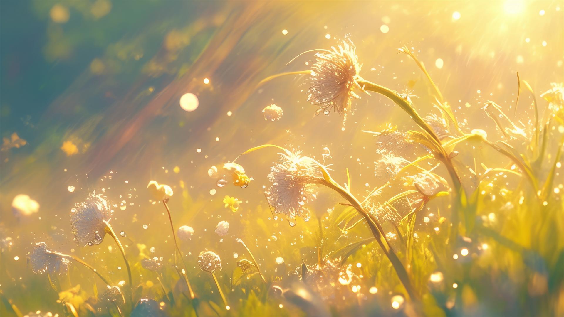 Pearl-like dew on meadow grass in early sunlight