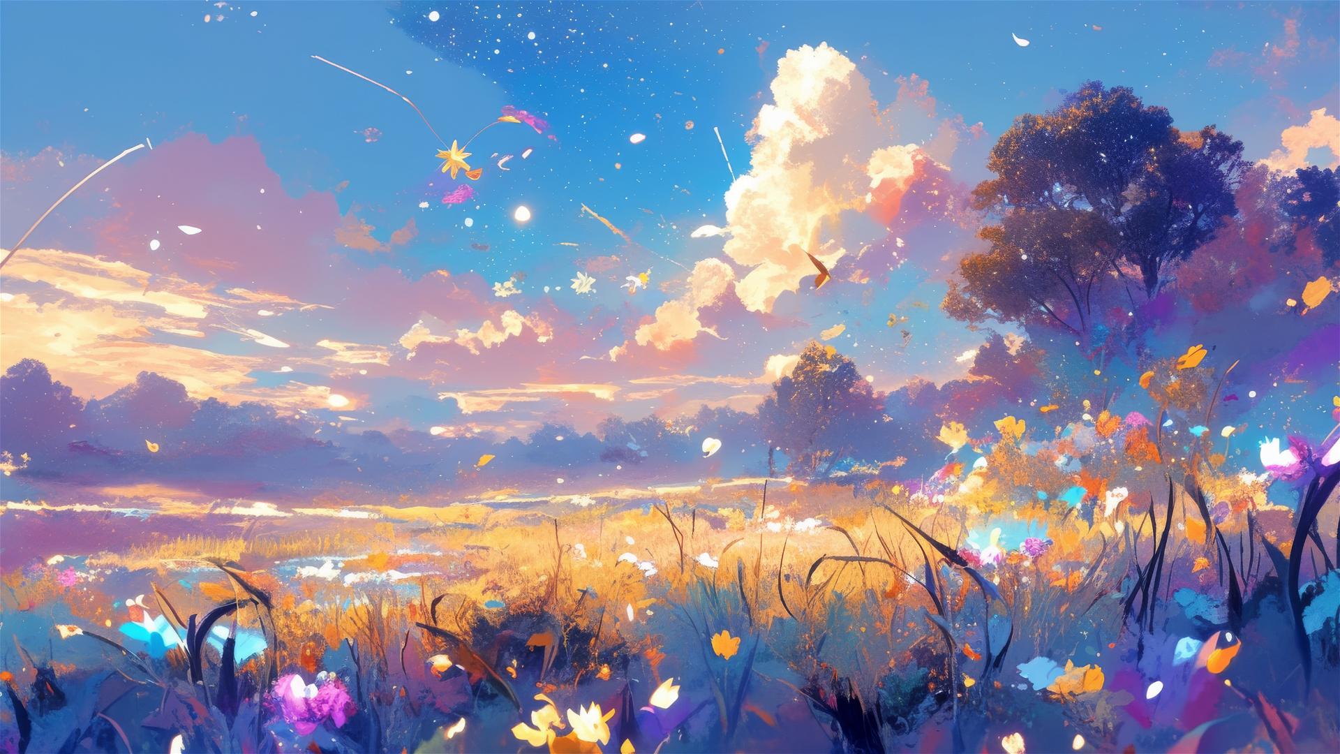 Nebula-inspired flowers with cosmic patterns in starry meadow