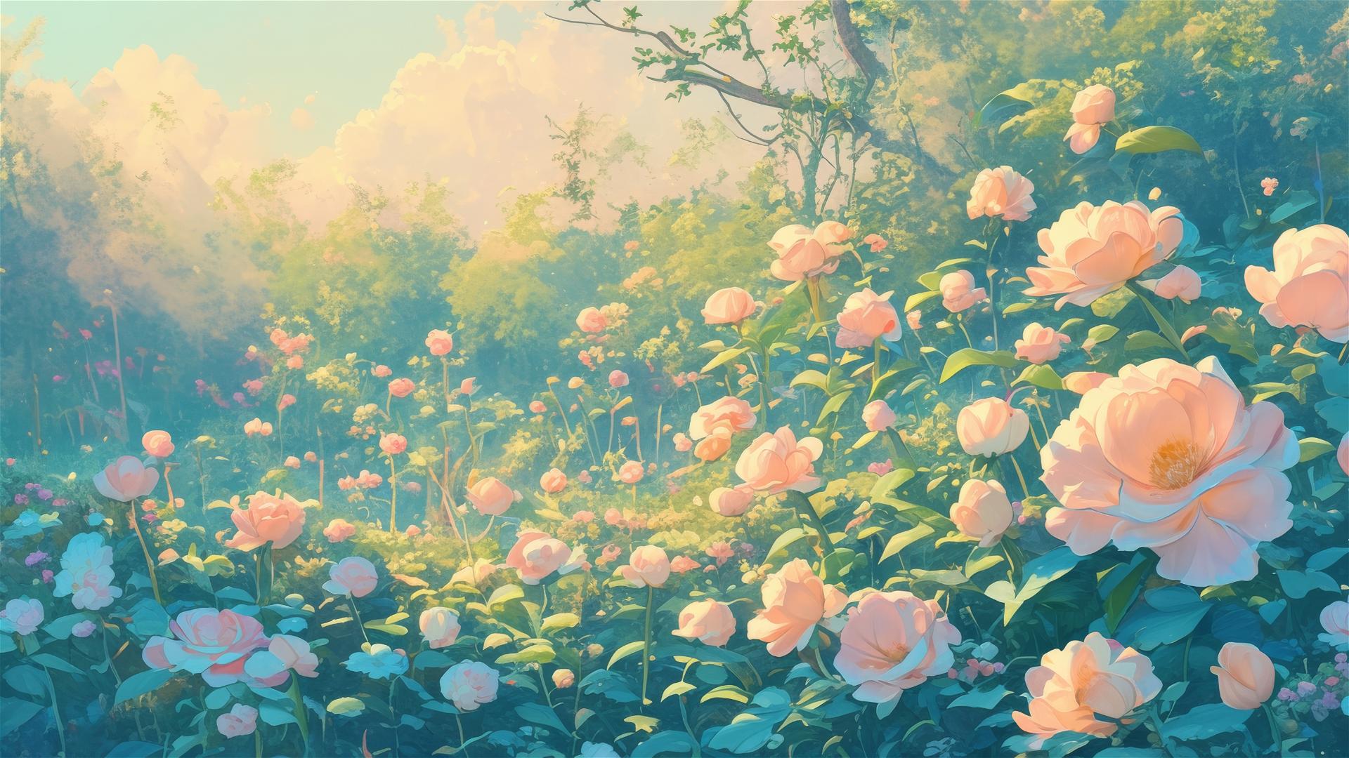 Melodic garden with humming flowers swaying in wind