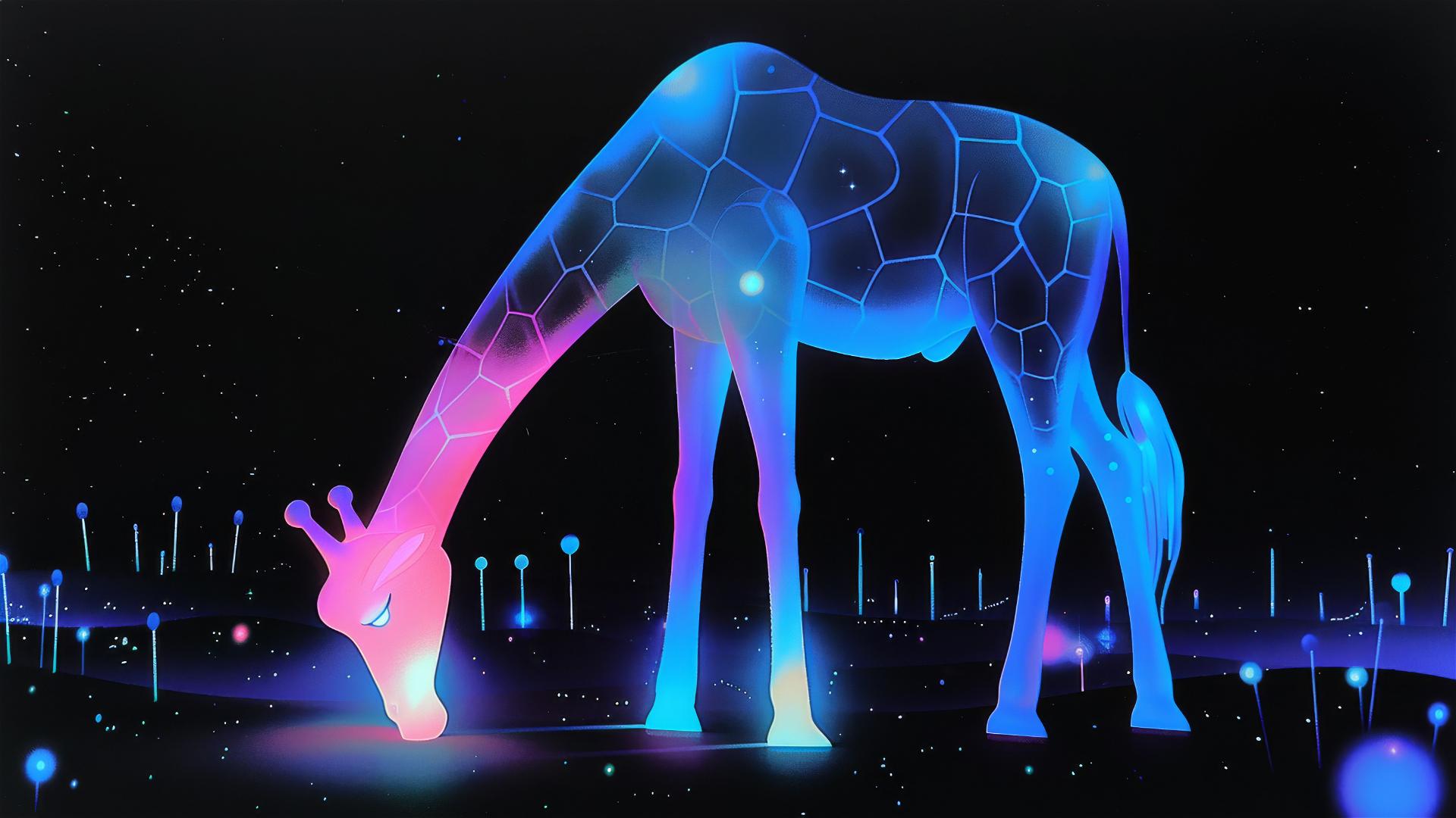 A luminescent giraffe in an open space, bending over to observe a tiny firefly on its leg