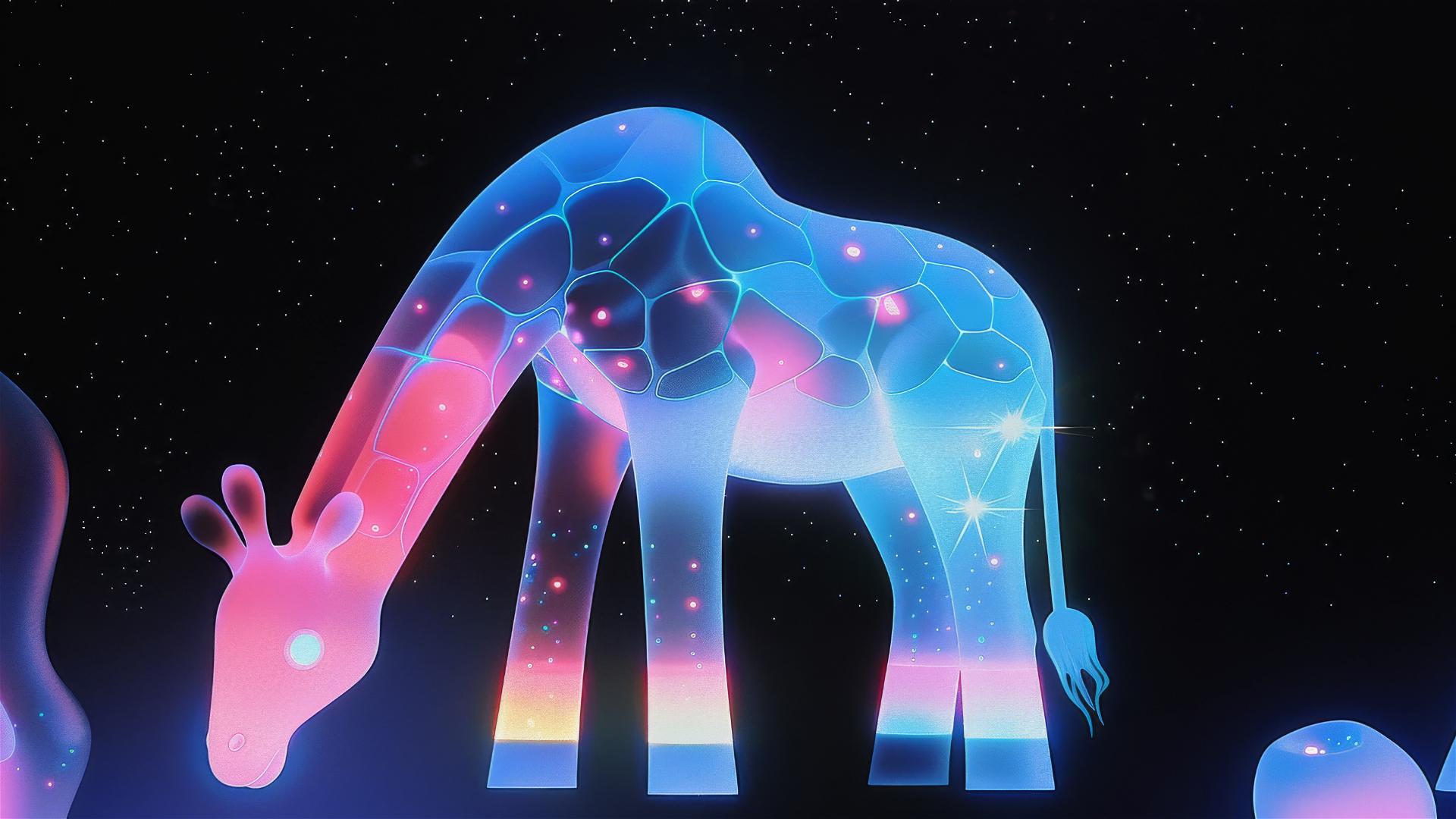 Giraffe with faint light looking at firefly on its leg