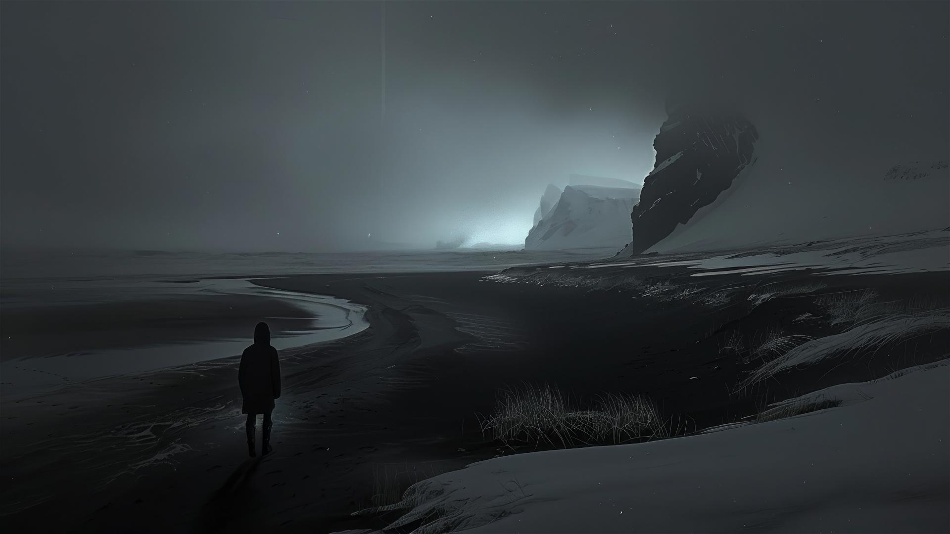 Aerial view of a dark figure in Antarctica exuding loneliness and stillness.