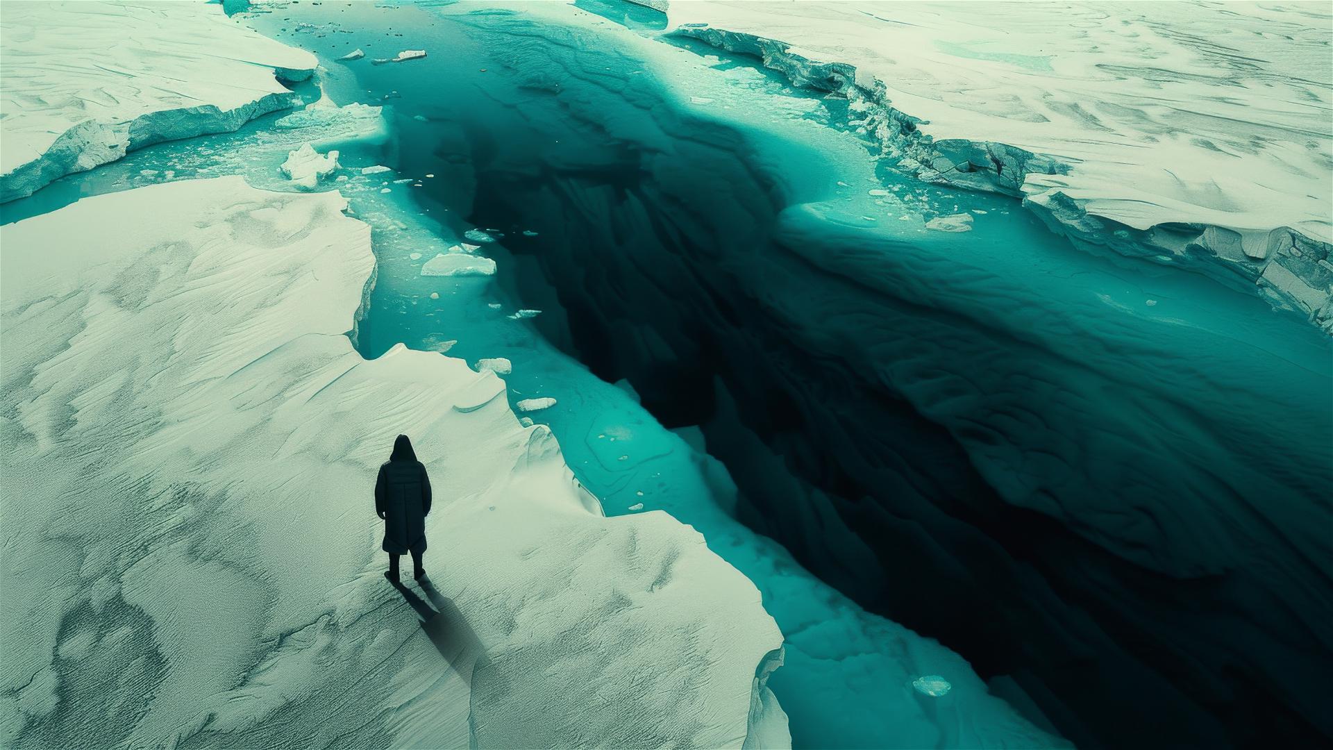 Dark figure on Antarctic ground from above, conveying dark vibes, loneliness, and stillness