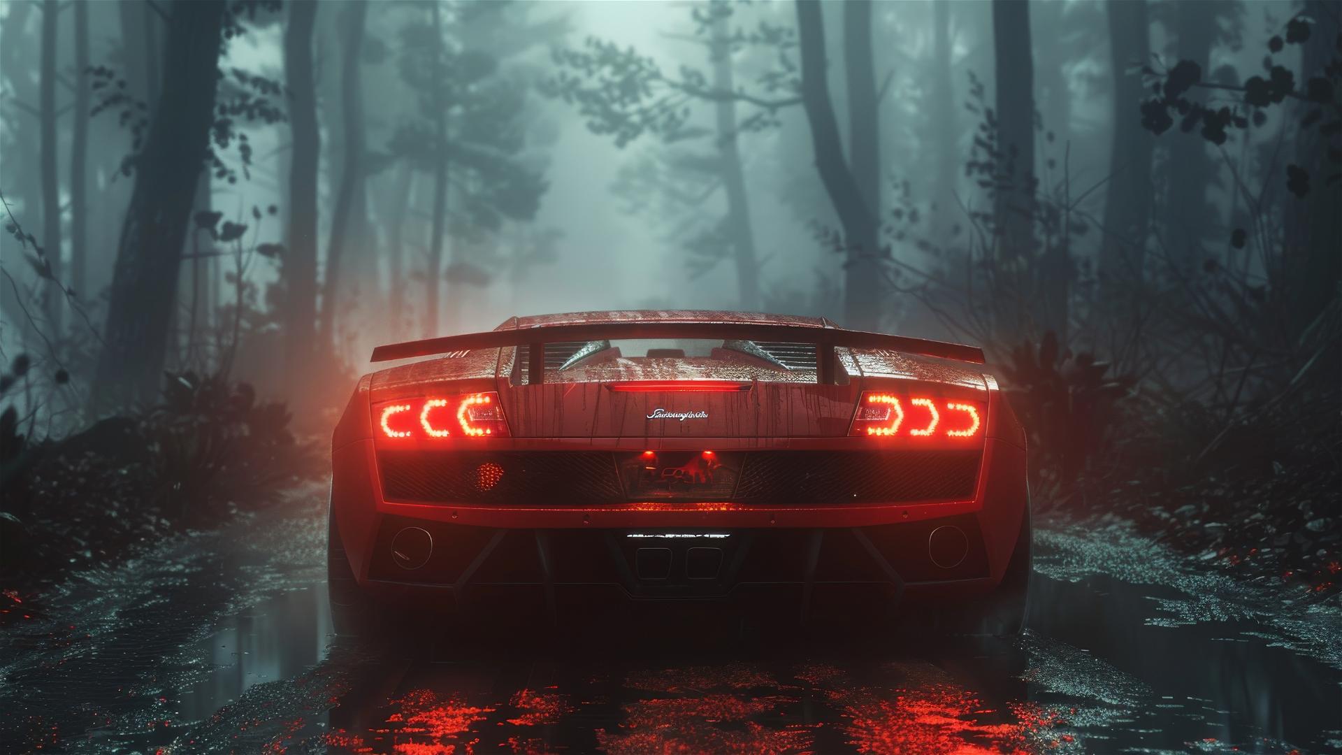 Lamborghini Gallardo in dim lighting with a gothic gloomy mood, photorealistic closeup under fog