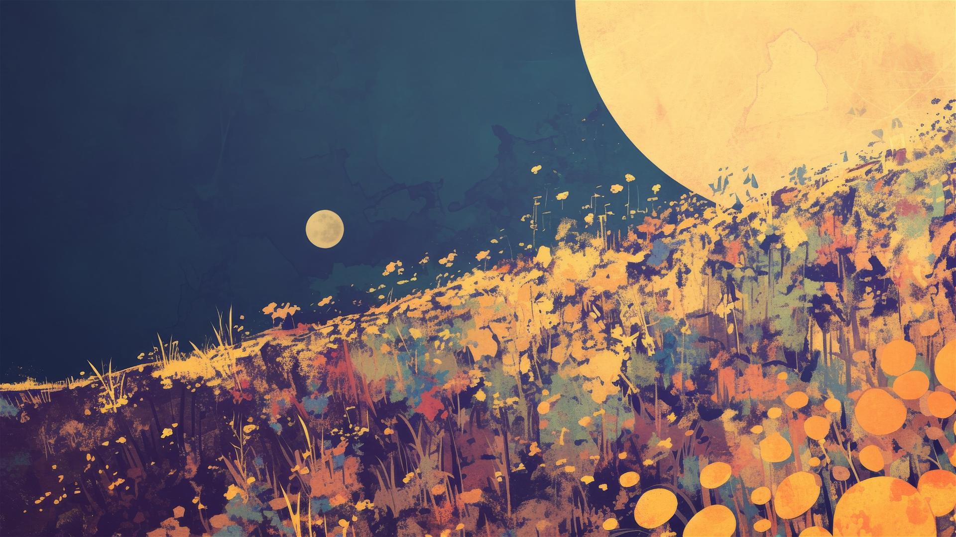 Moonlit dark hilltop revealing wildflowers through their petal reflections