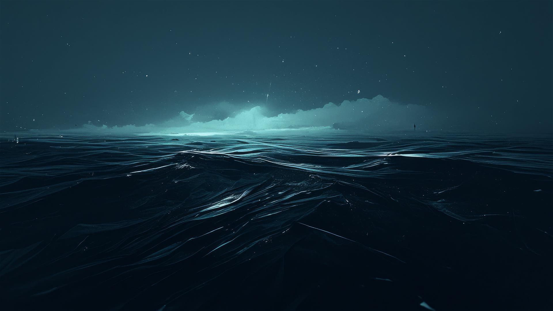 Aesthetic dark ocean at midnight, the water's surface a mirror of the black sky above, undisturbed and infinite