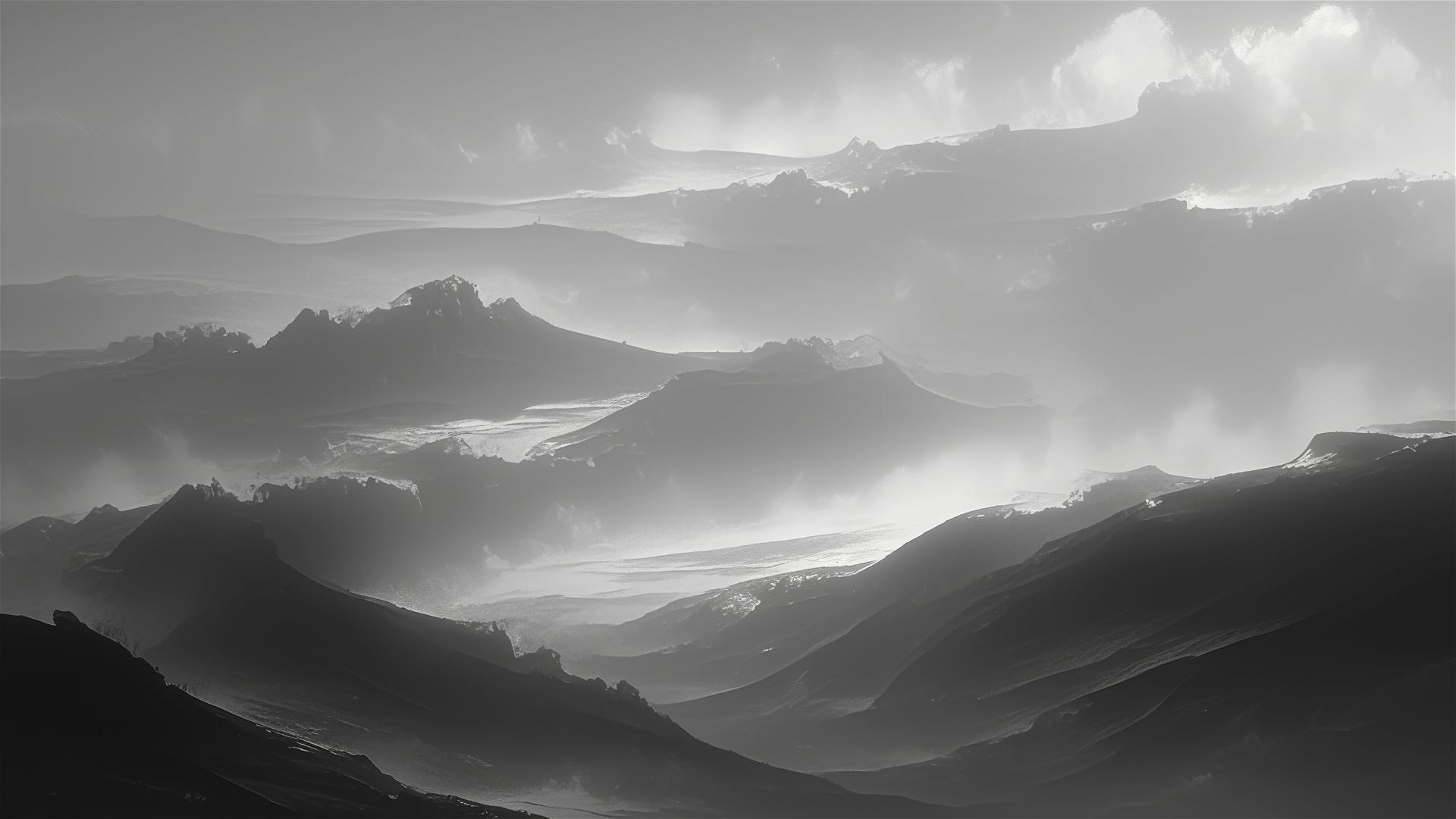 Monochrome hills shrouded in dark fog