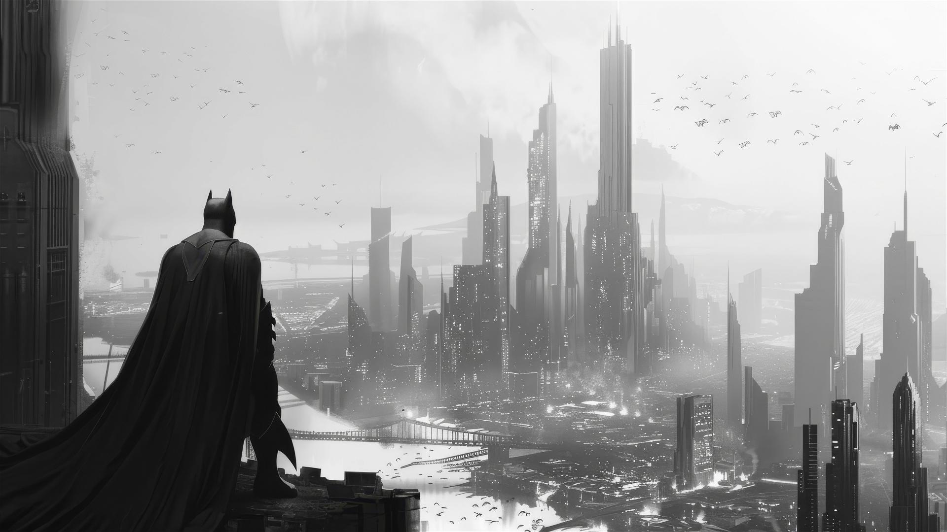 Batman observes Arkham City in grayscale, white background