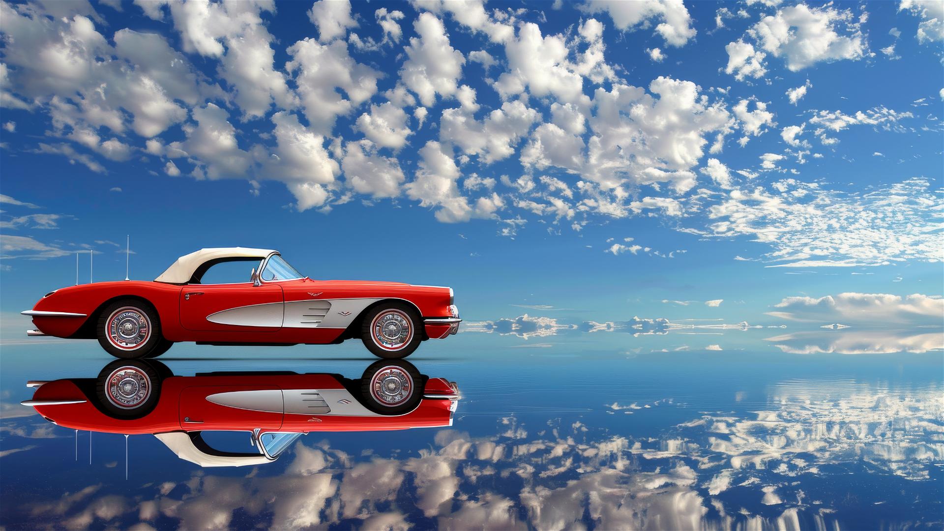 Red corvette under a blue sky with clouds