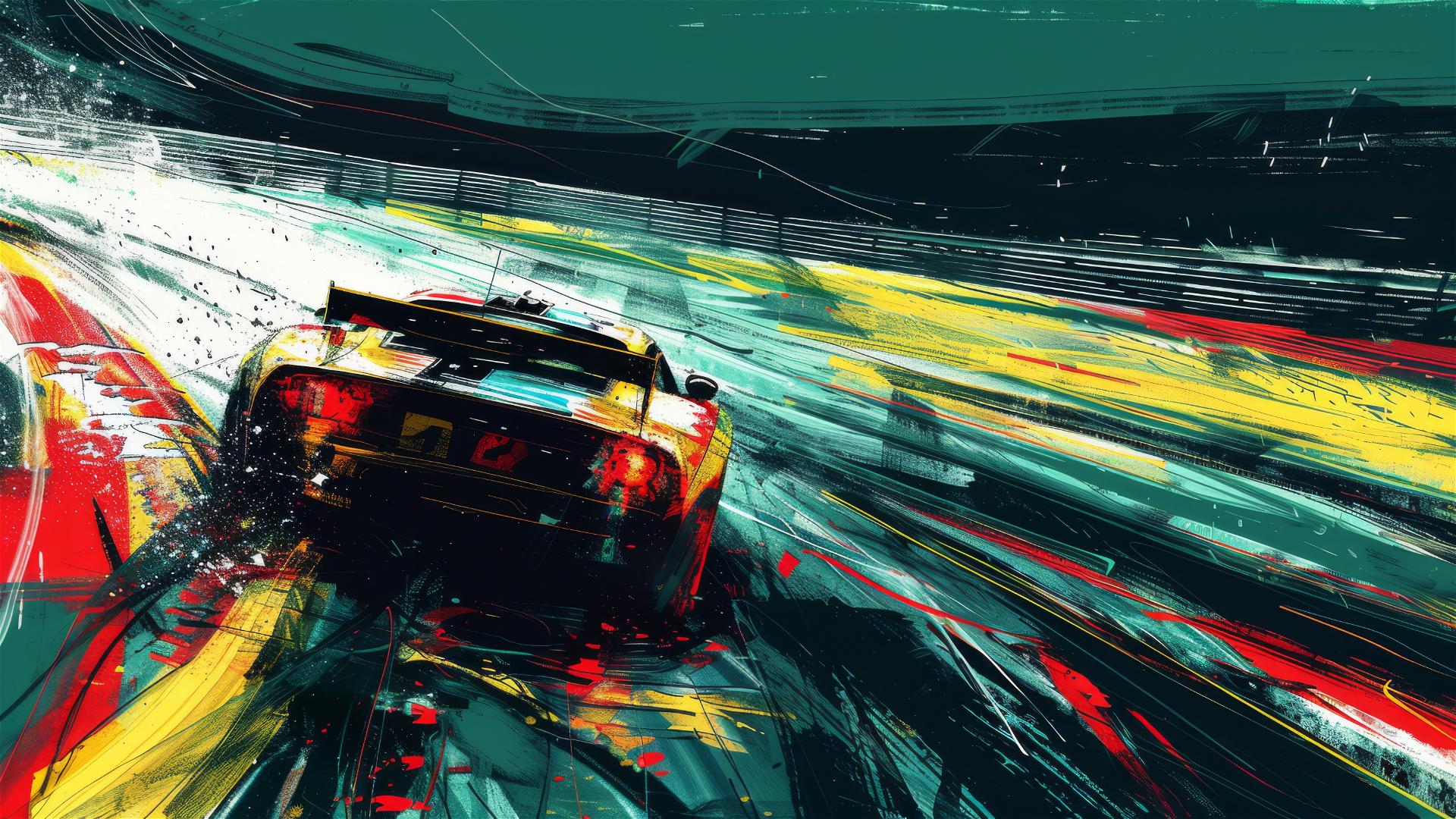Bold and vibrant car on track with dark green and yellow, captured in colorful impasto style