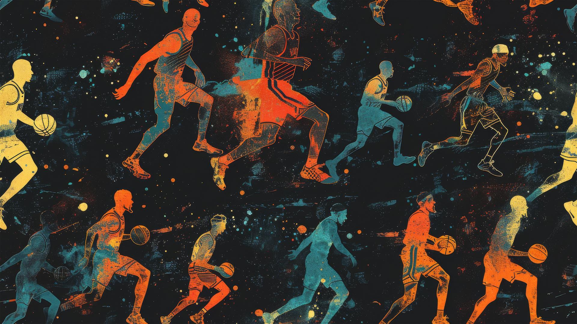 Silhouettes of basketball players on a black background