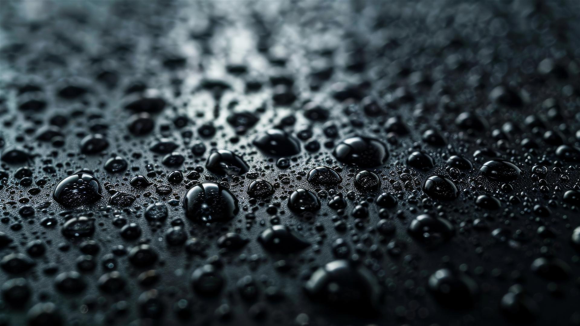 Close-up view of water droplets on a black, matte surface