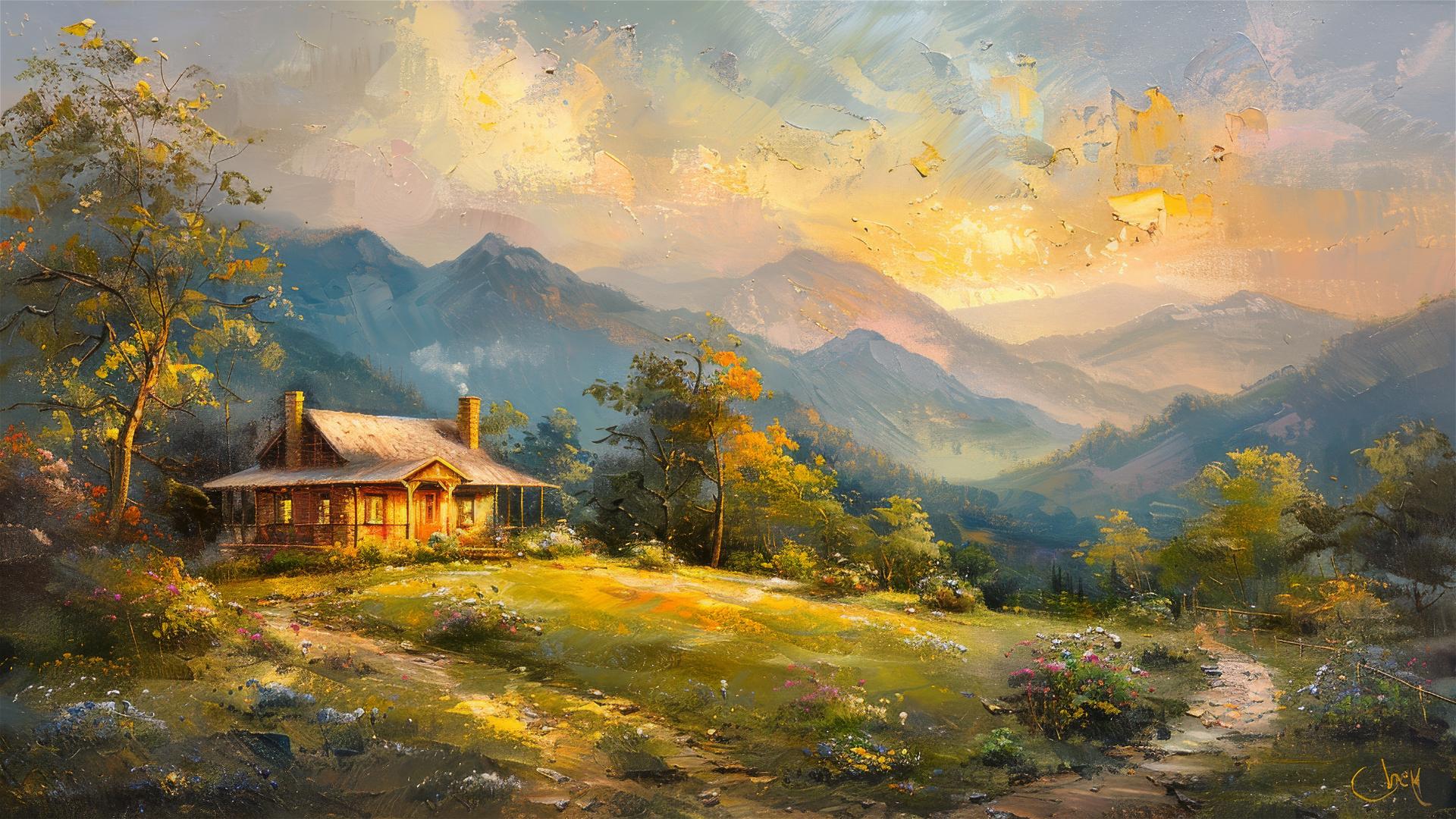 Oil painted farmhouse nestled in tranquil mountain landscape