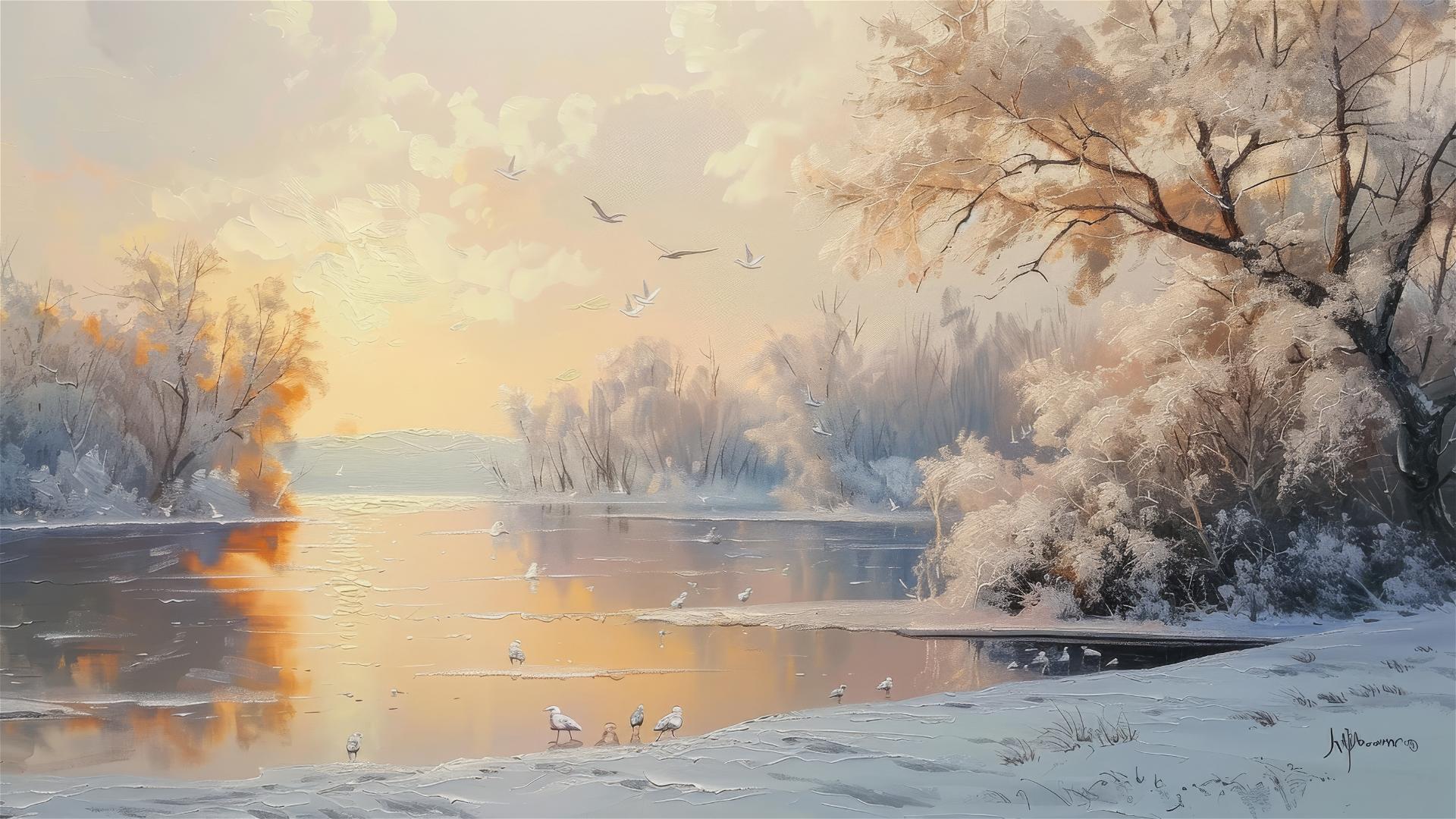 Realistic snowy lake landscape with birds, in light orange, beige, sky-blue