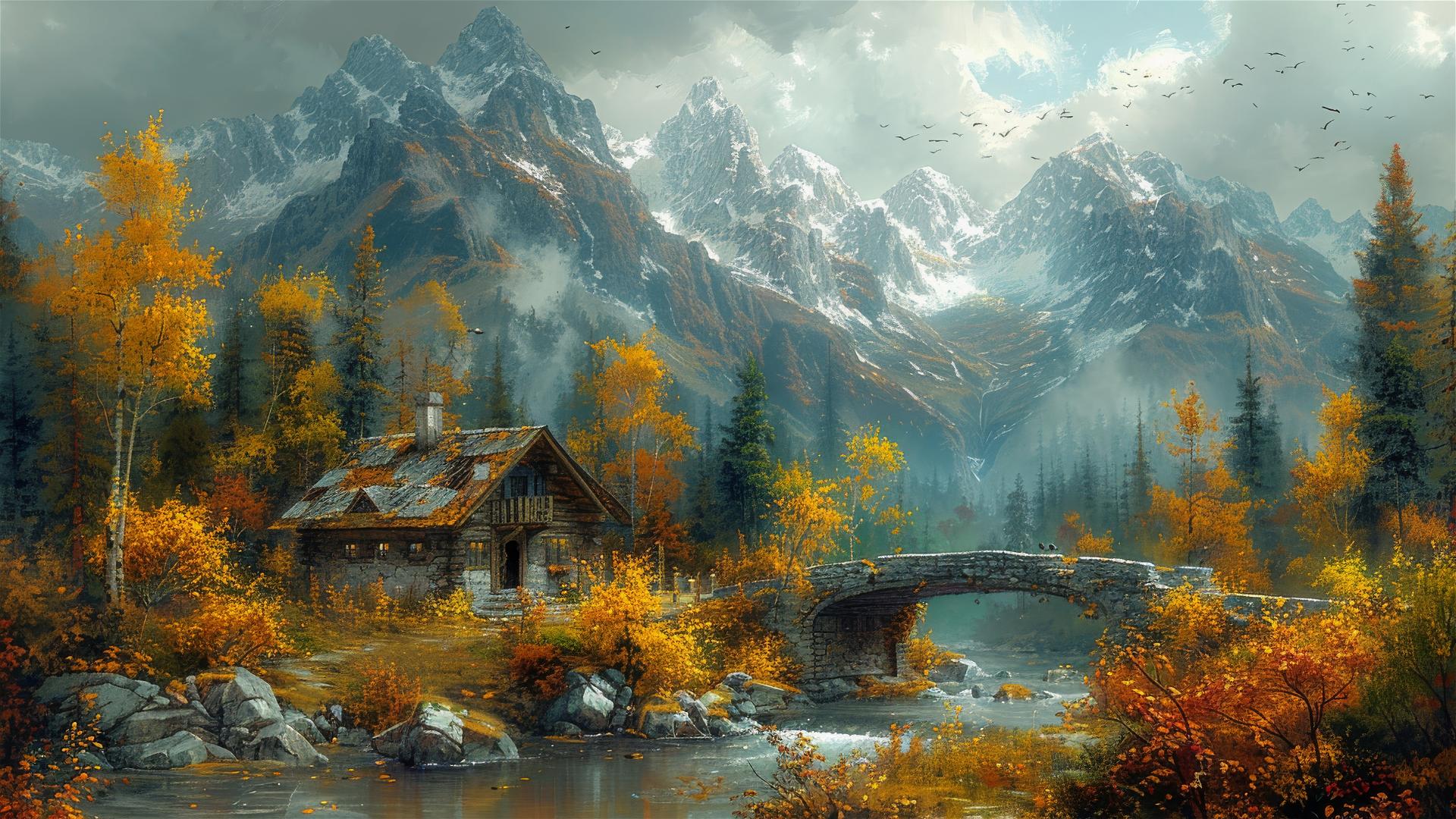 Oil painting of old house under bridge, mountainous vistas, yellow and cyan tones