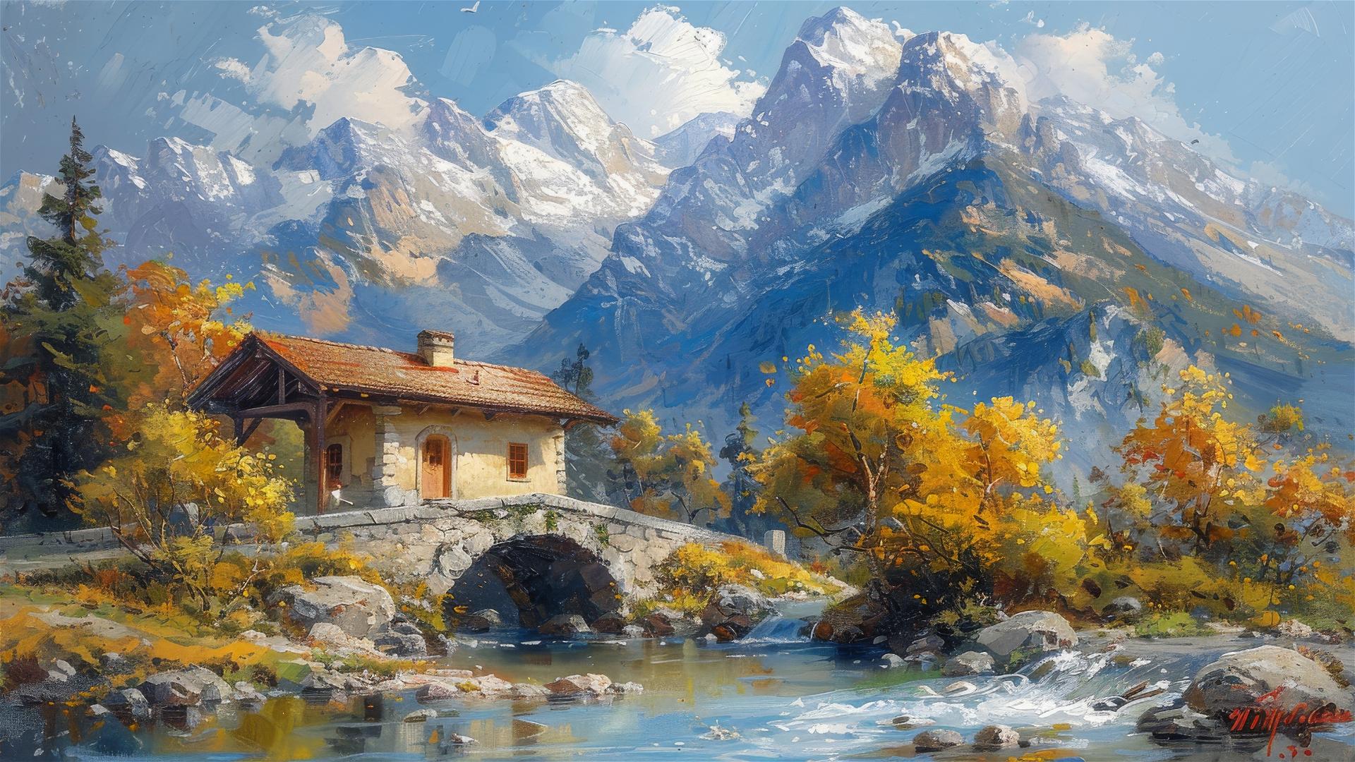 Oil painting of old house under bridge amidst mountains, in yellow and cyan
