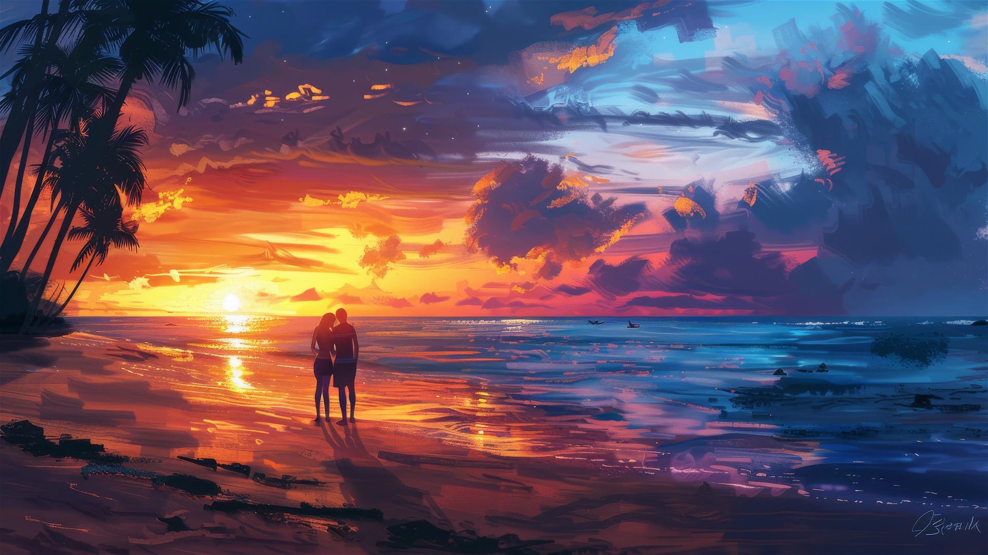 Romantic couple watching a colorful beach sunset amid palm trees