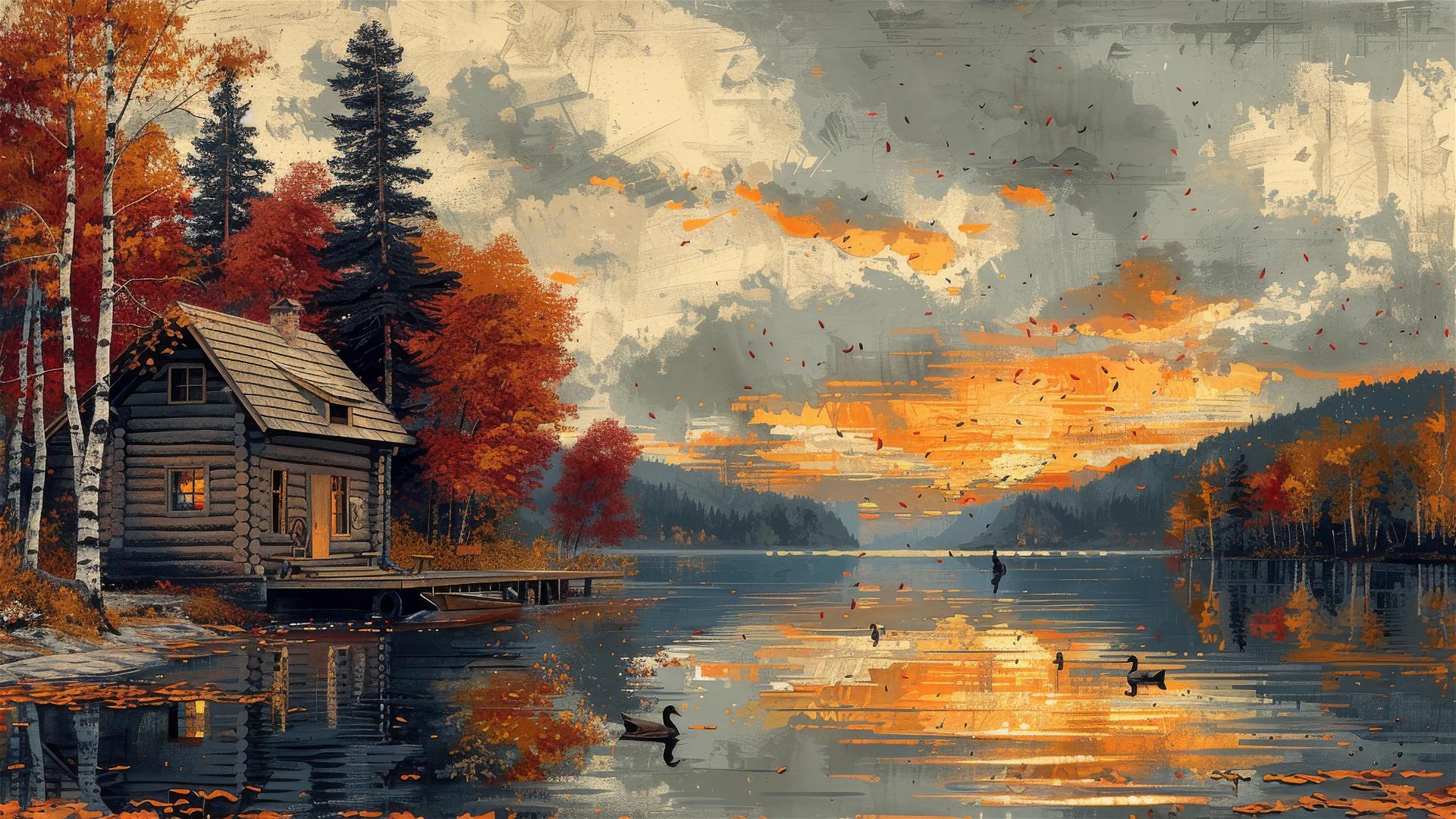 Lakeside scene with woodcut painting including a two-story house, birch trees, pier, figure, boats, and ducks amidst autumn hues.