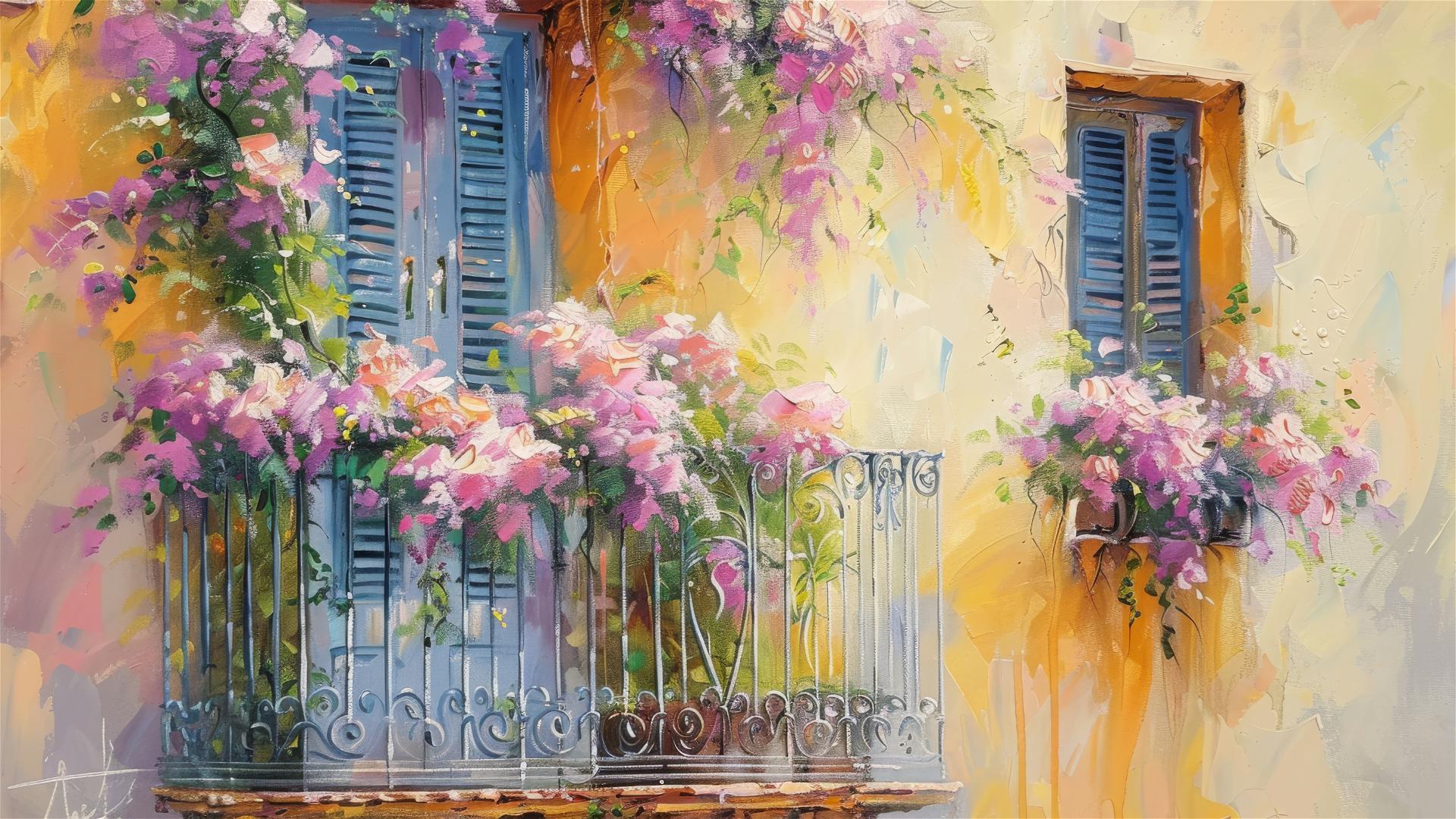 European balcony with vines and pink flowers, in Monet yellow with light tones