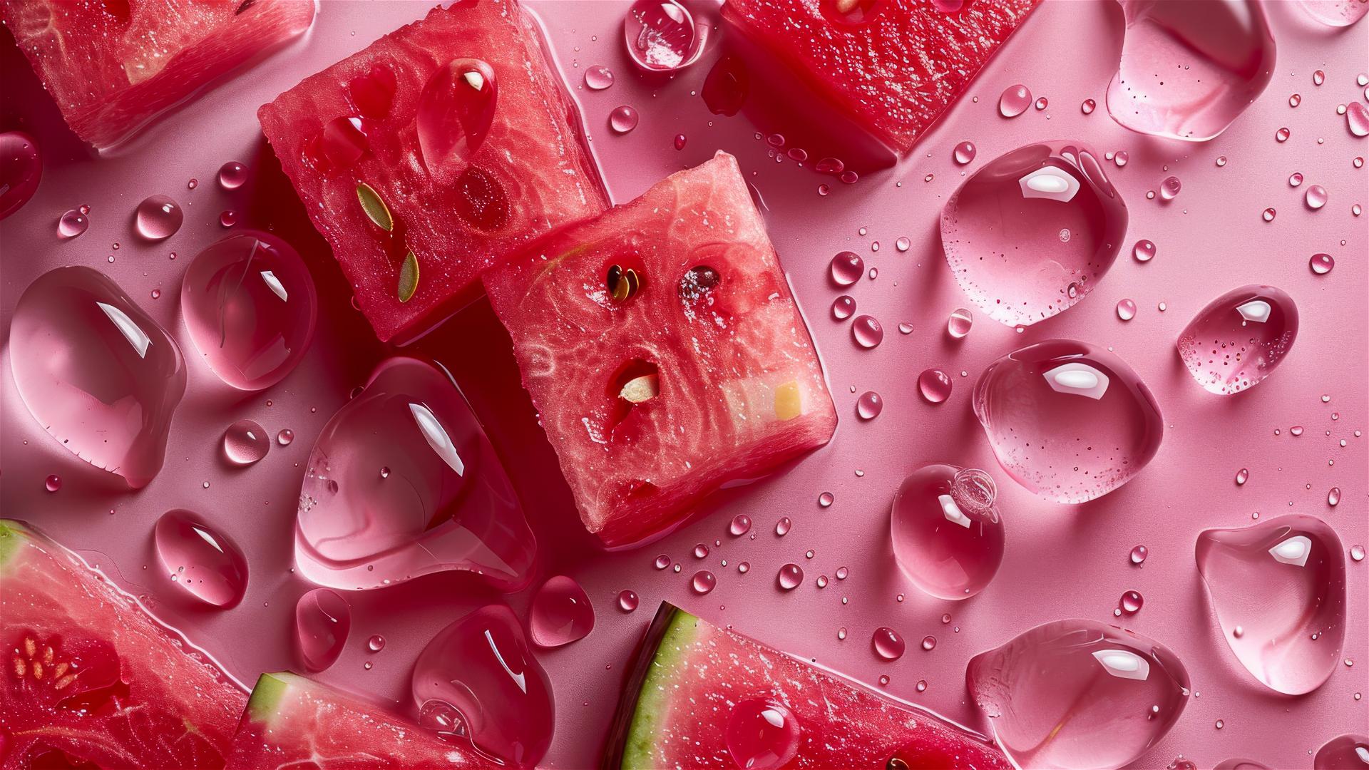 Fresh watermelon with glistening water droplets, top-down view, shot with Hasselblad.