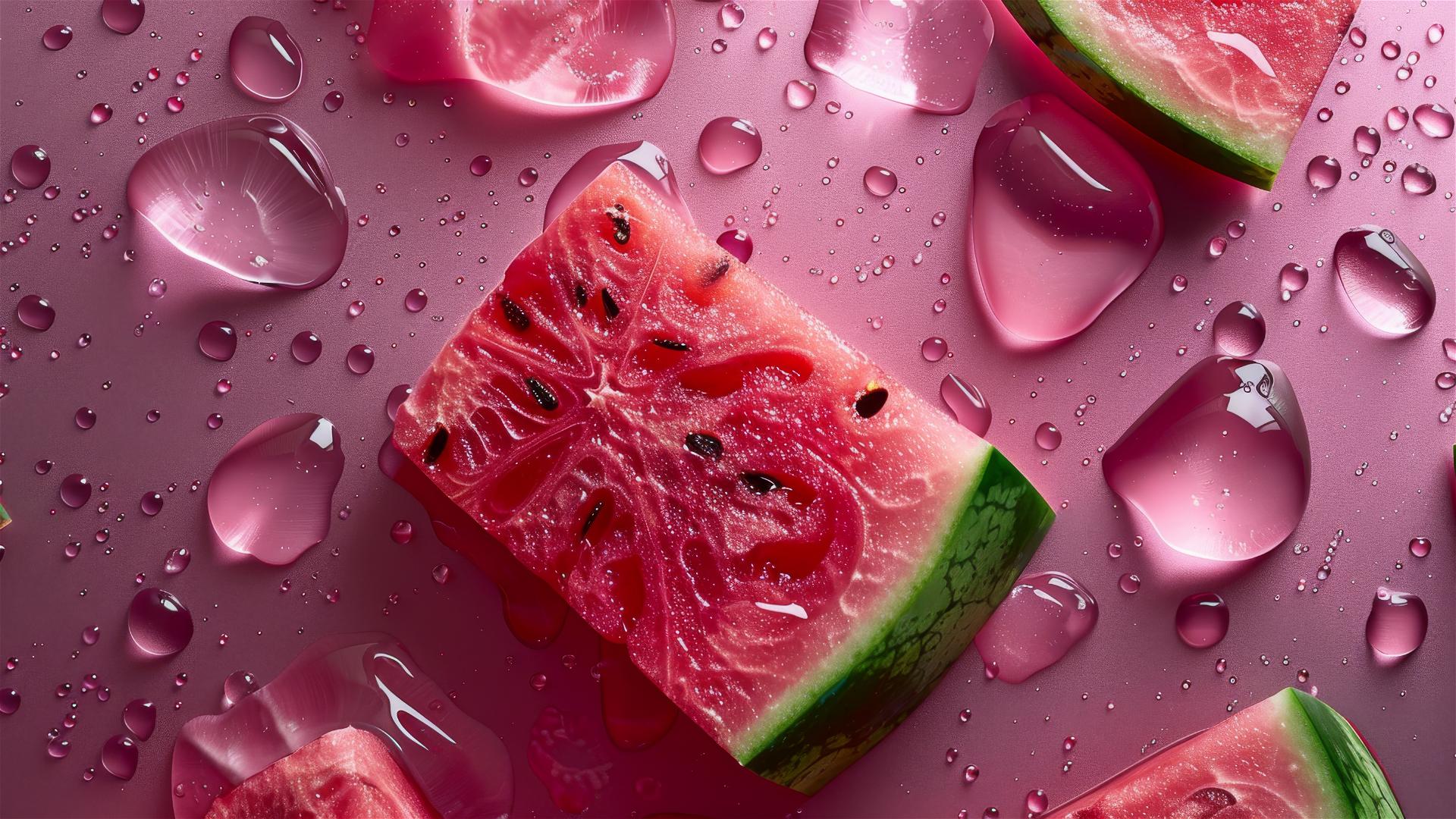 Fresh watermelon with water droplets, top down view, professional food photography