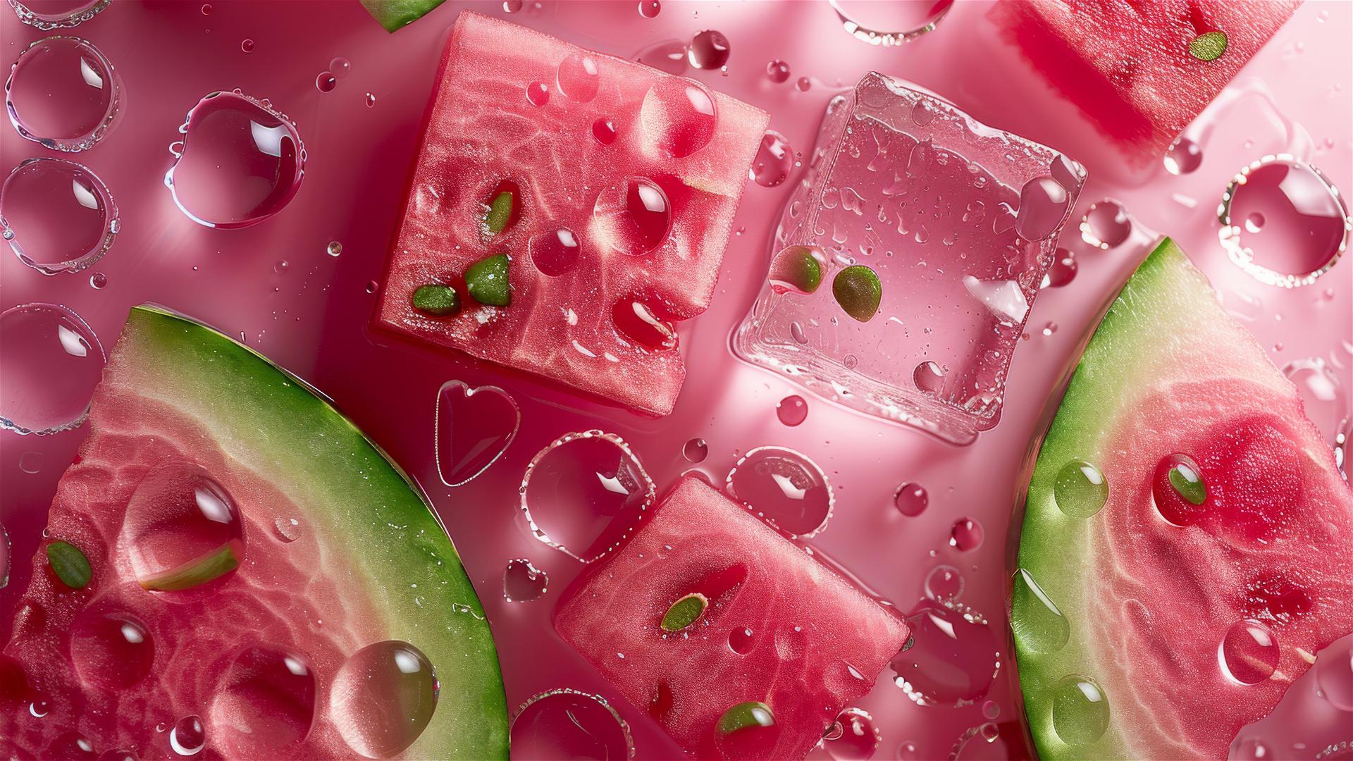 Fresh watermelon with water droplets, top down view