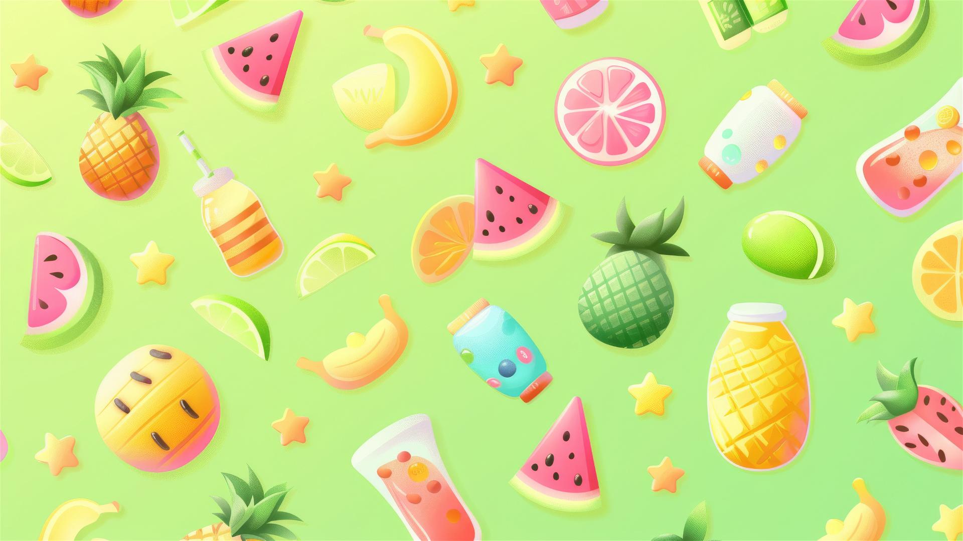 Vivid light green background with repeating cute small summer icons