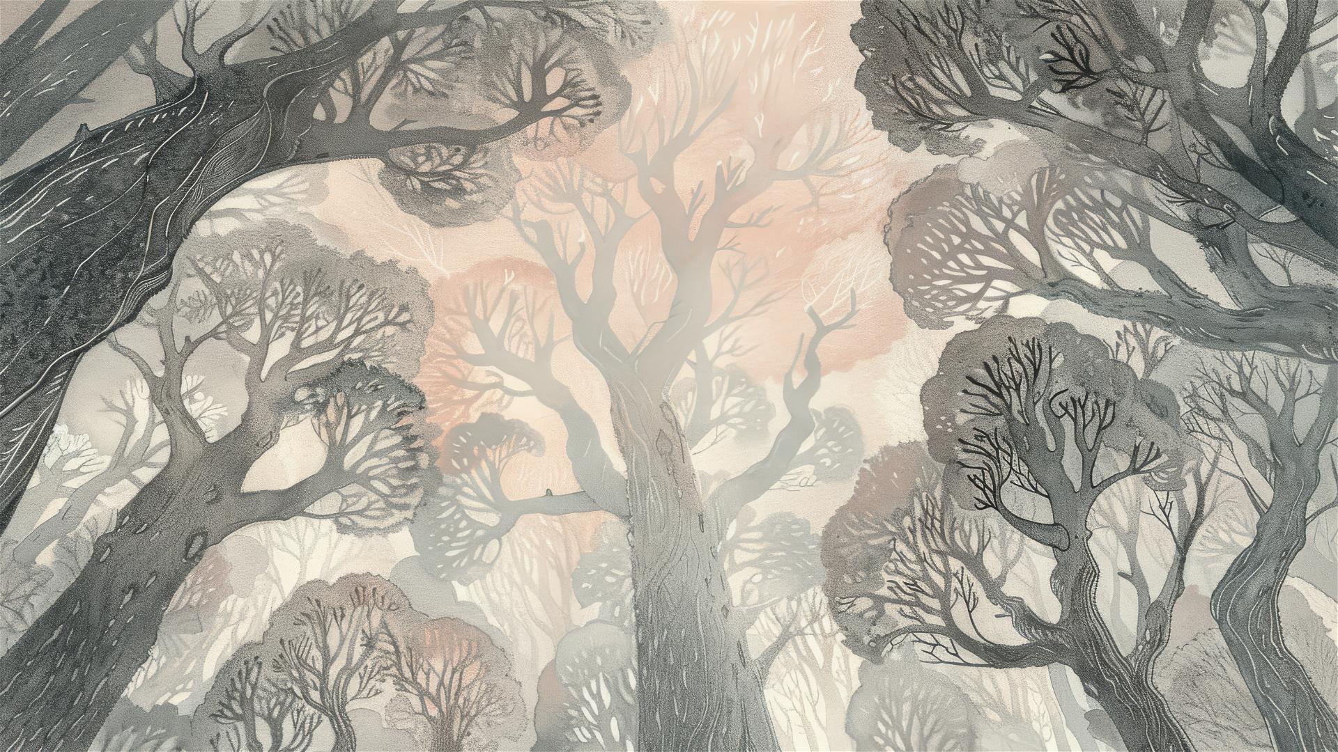 Forest canopy with brain-like ridges seen from high above, arcing lightning, fractal patterns.