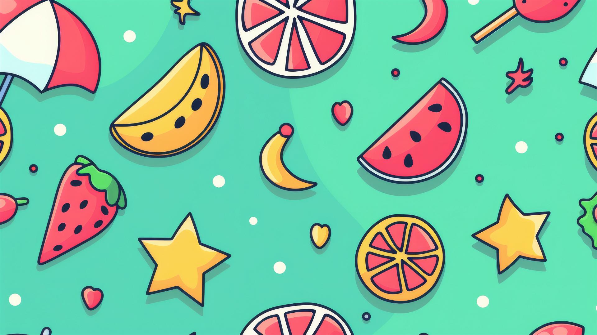 Cute small icons on a vivid light green background with a summer theme