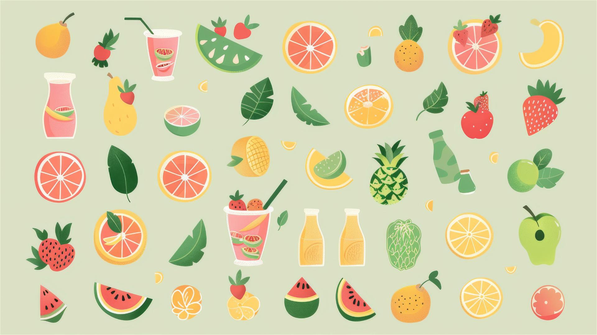 cute small icons on light green summer background