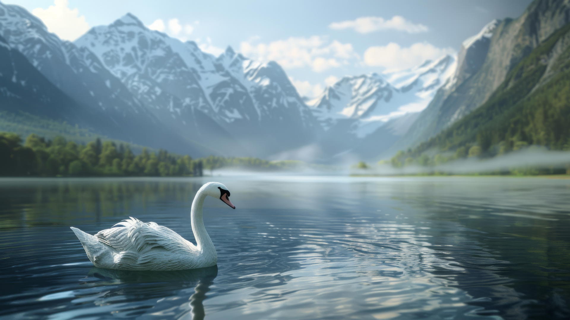 Ultra-realistic 3D swan on a quiet lake with mountains in the background