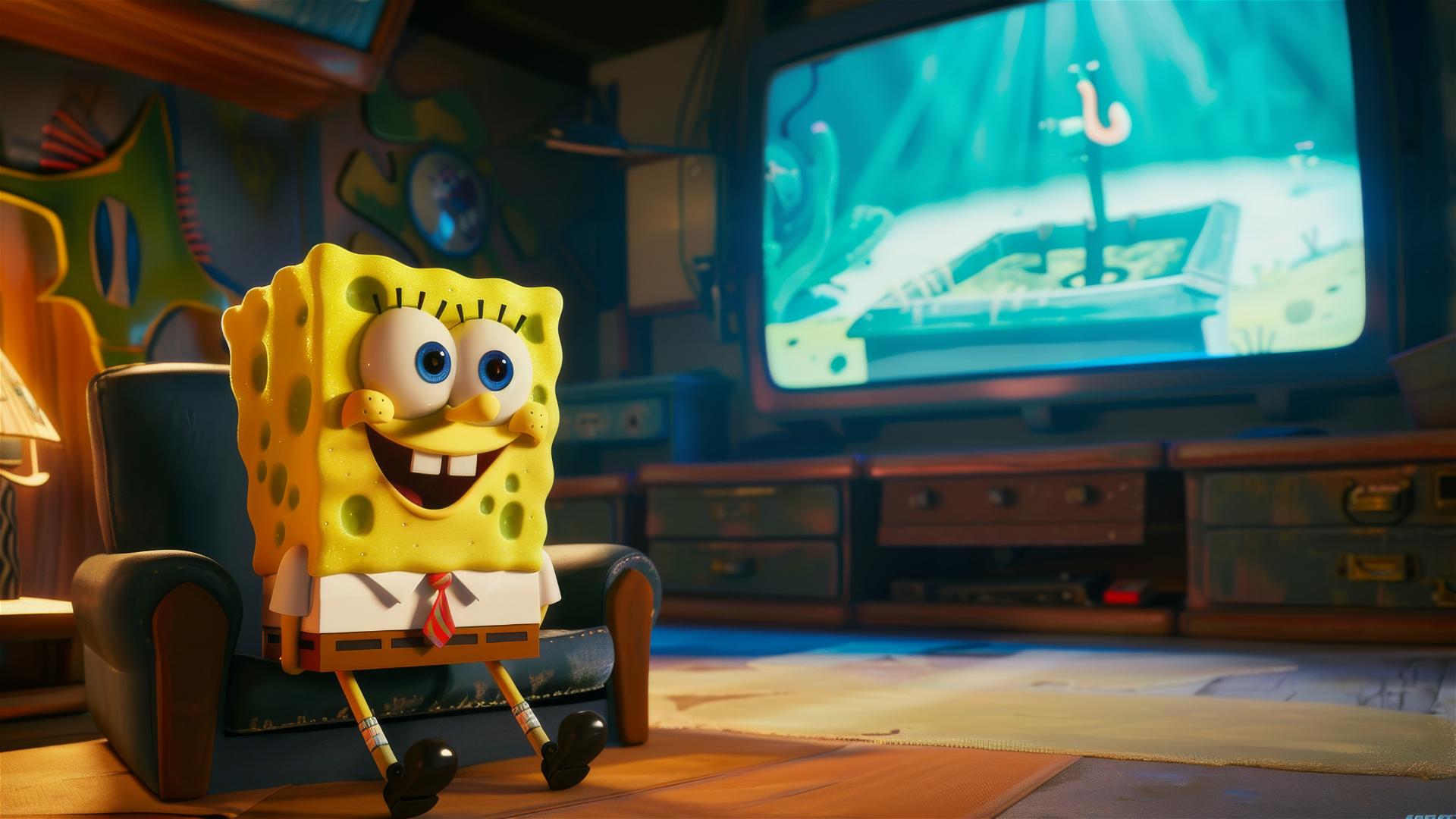 Cartoon figure resembling SpongeBob sits in front of a giant TV screen.
